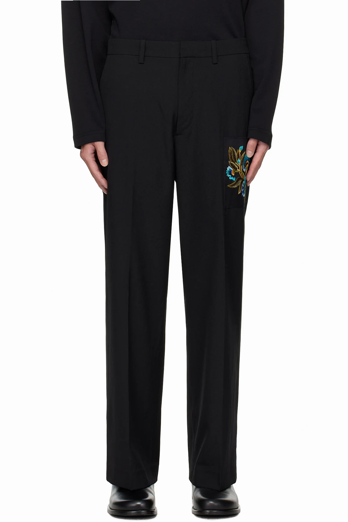 Black Embroidered Patch Trousers