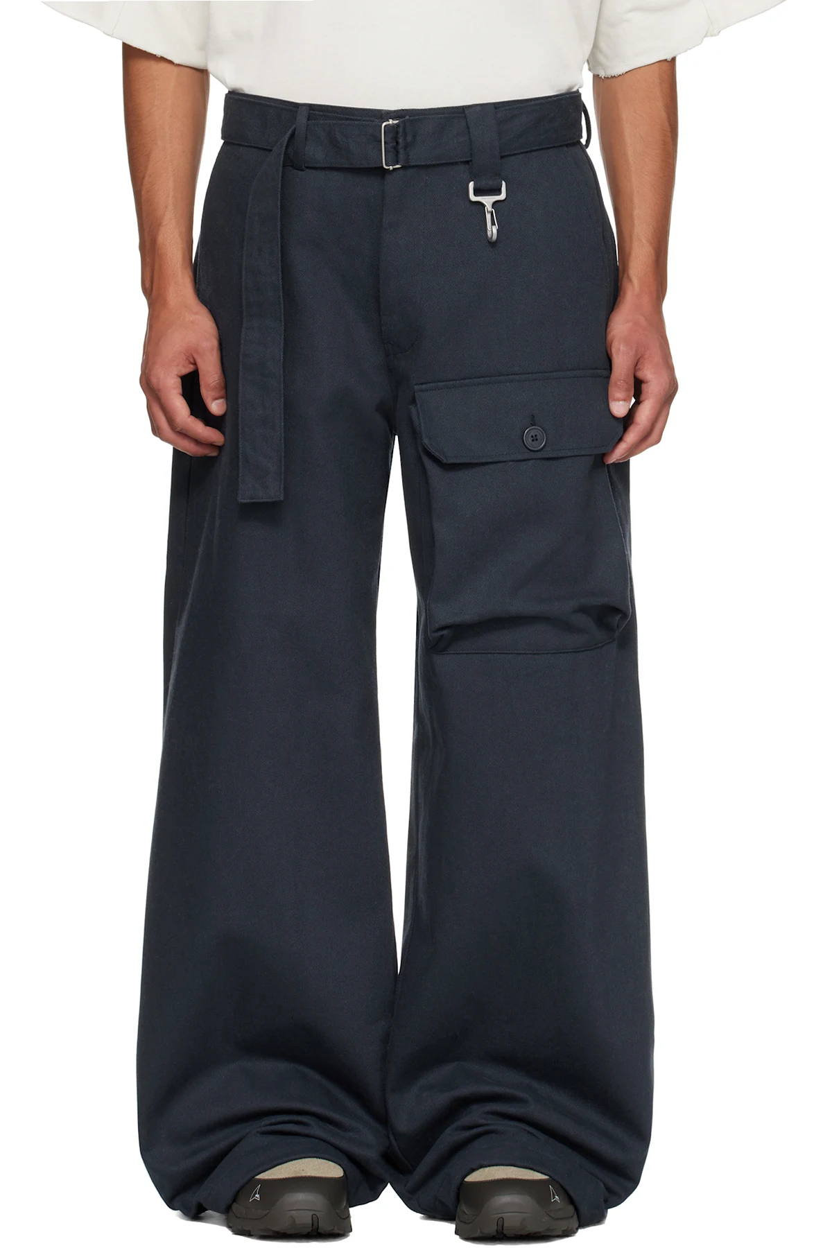 Navy Cotton Twill Patch Pocket Belted Trousers