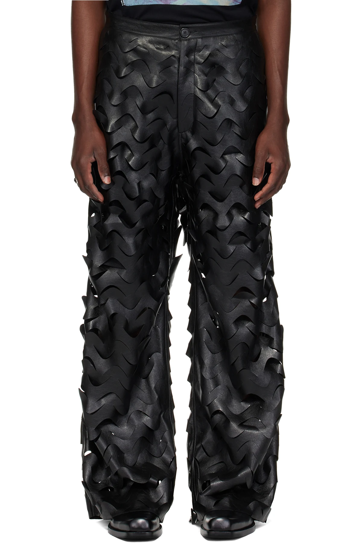 Black Laser Cut Wide-Leg Faux-Leather Pants