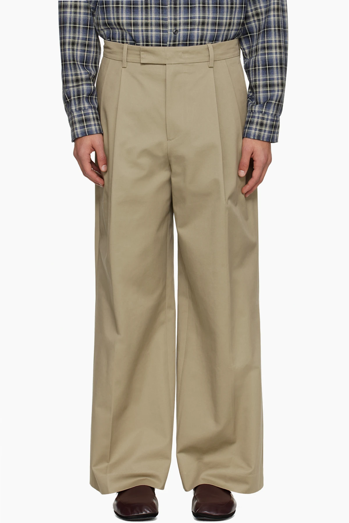 Beige Cotton Drill Wide Leg Pleated Trousers