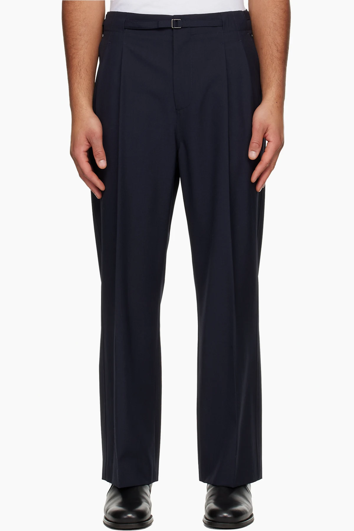Navy Pleat Belted Trousers