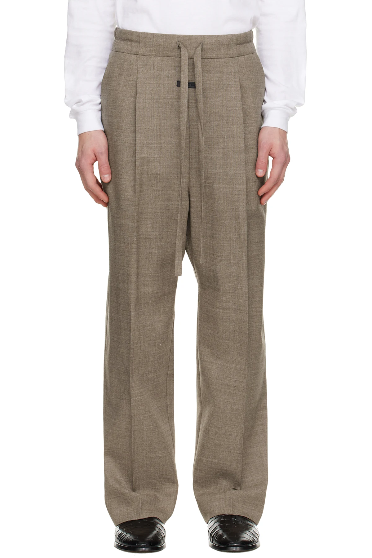 Beige Virgin Wool Drawstring Straight Trousers