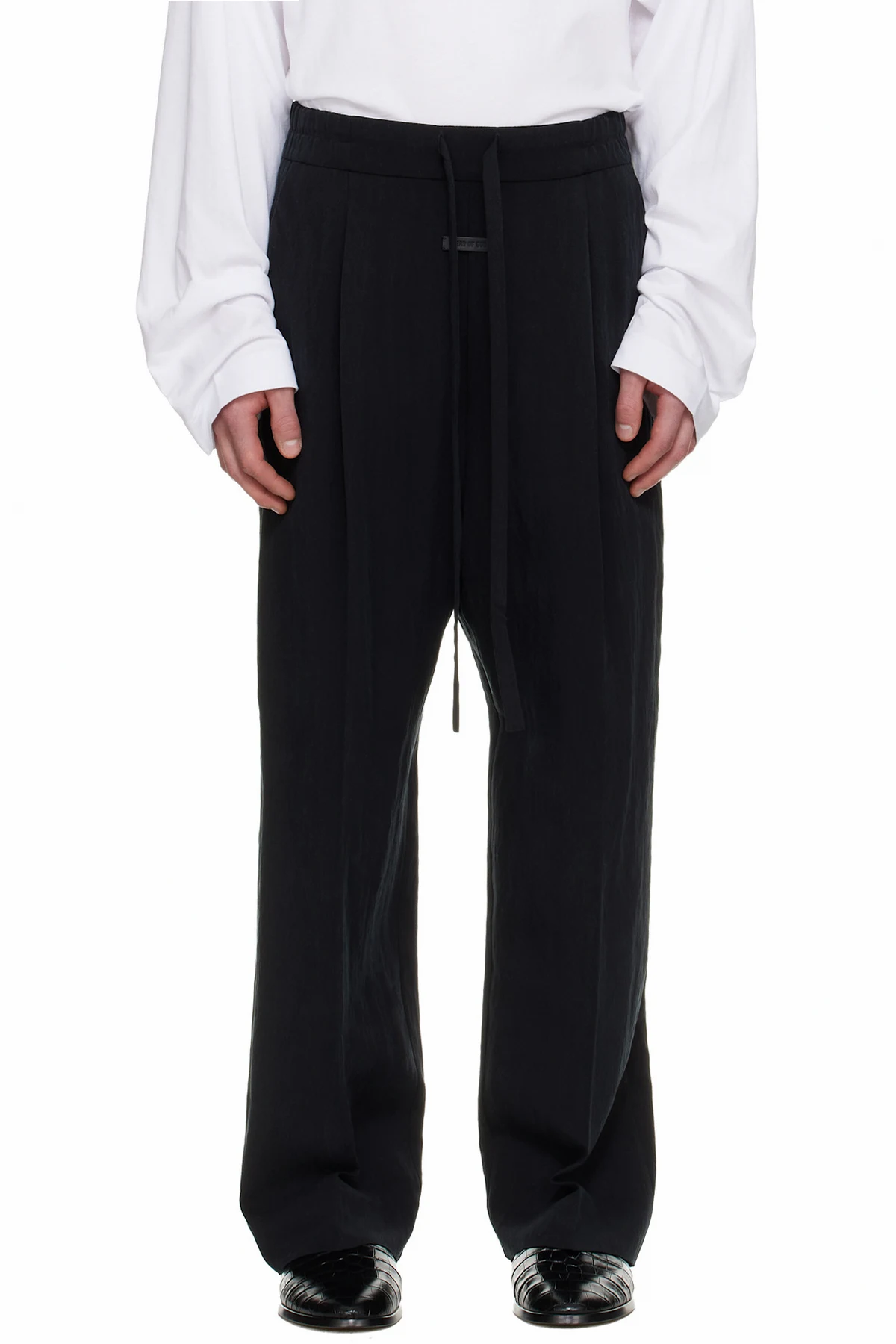 Black Tencel Nylon Drawstring Straight Trousers
