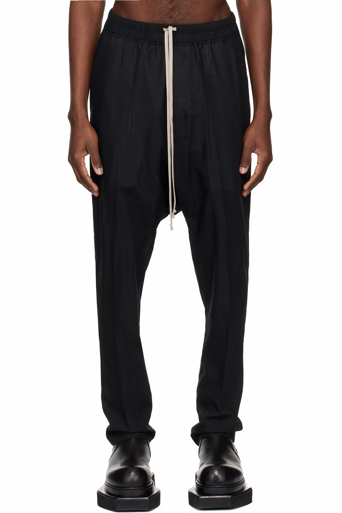 Black Temple Drawstring Slim Long Trousers