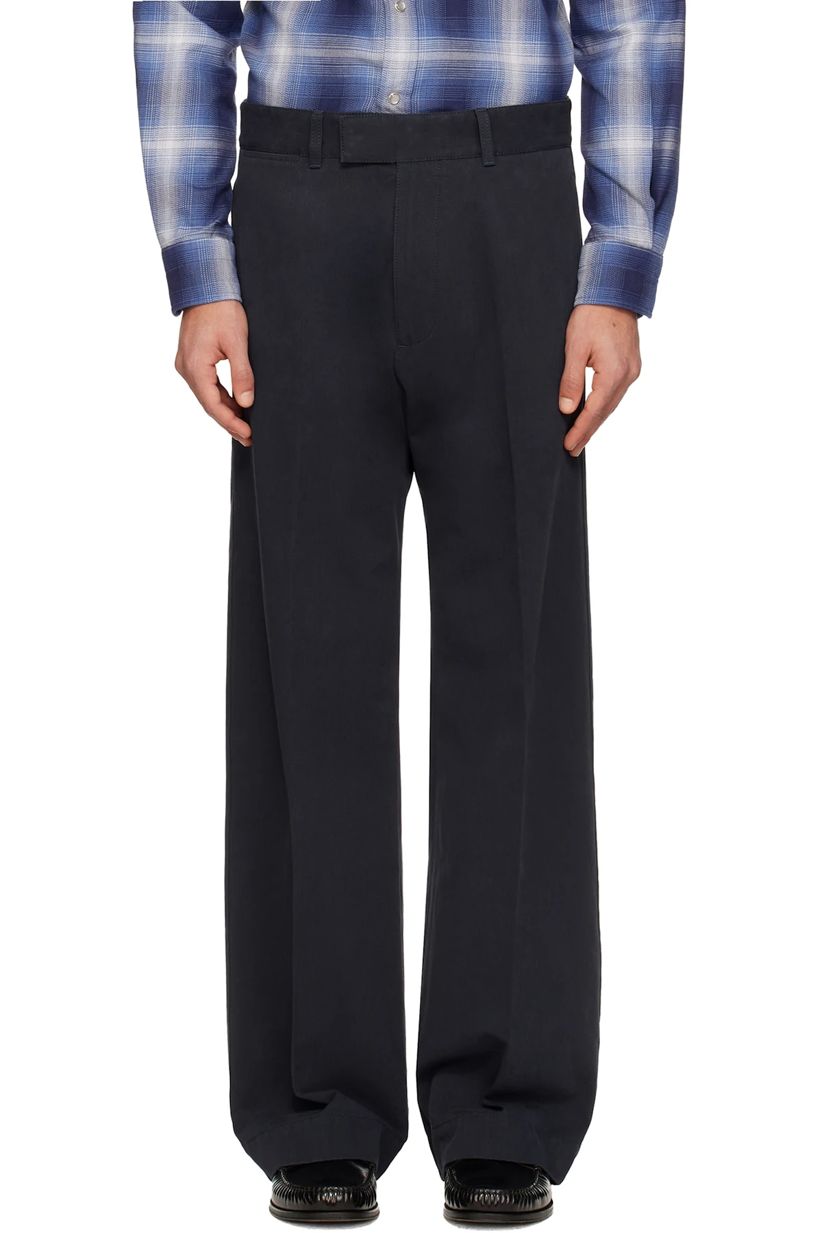 Navy Cotton Drill Wide Leg Trousers