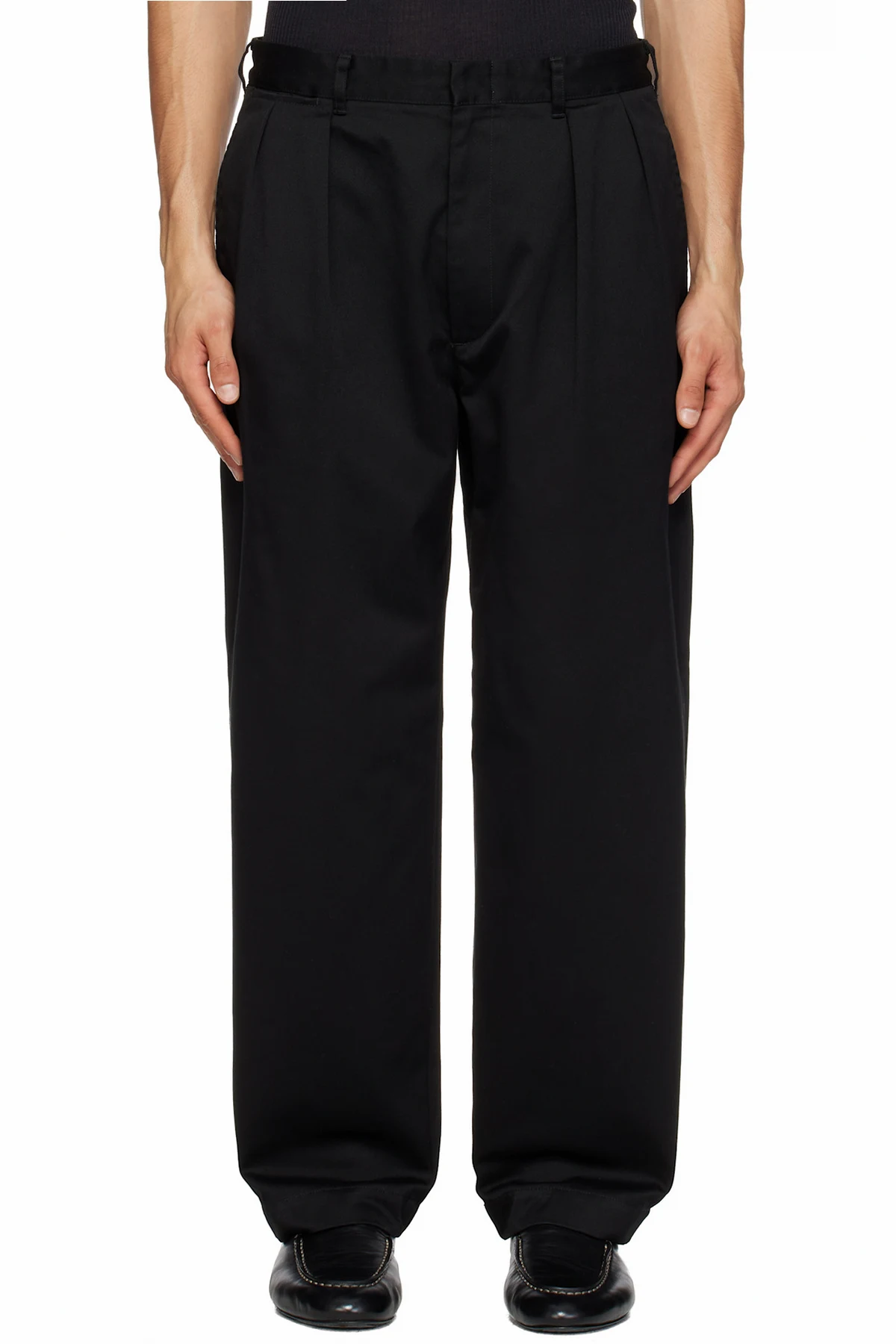 Black Double Pleated Chino Trousers