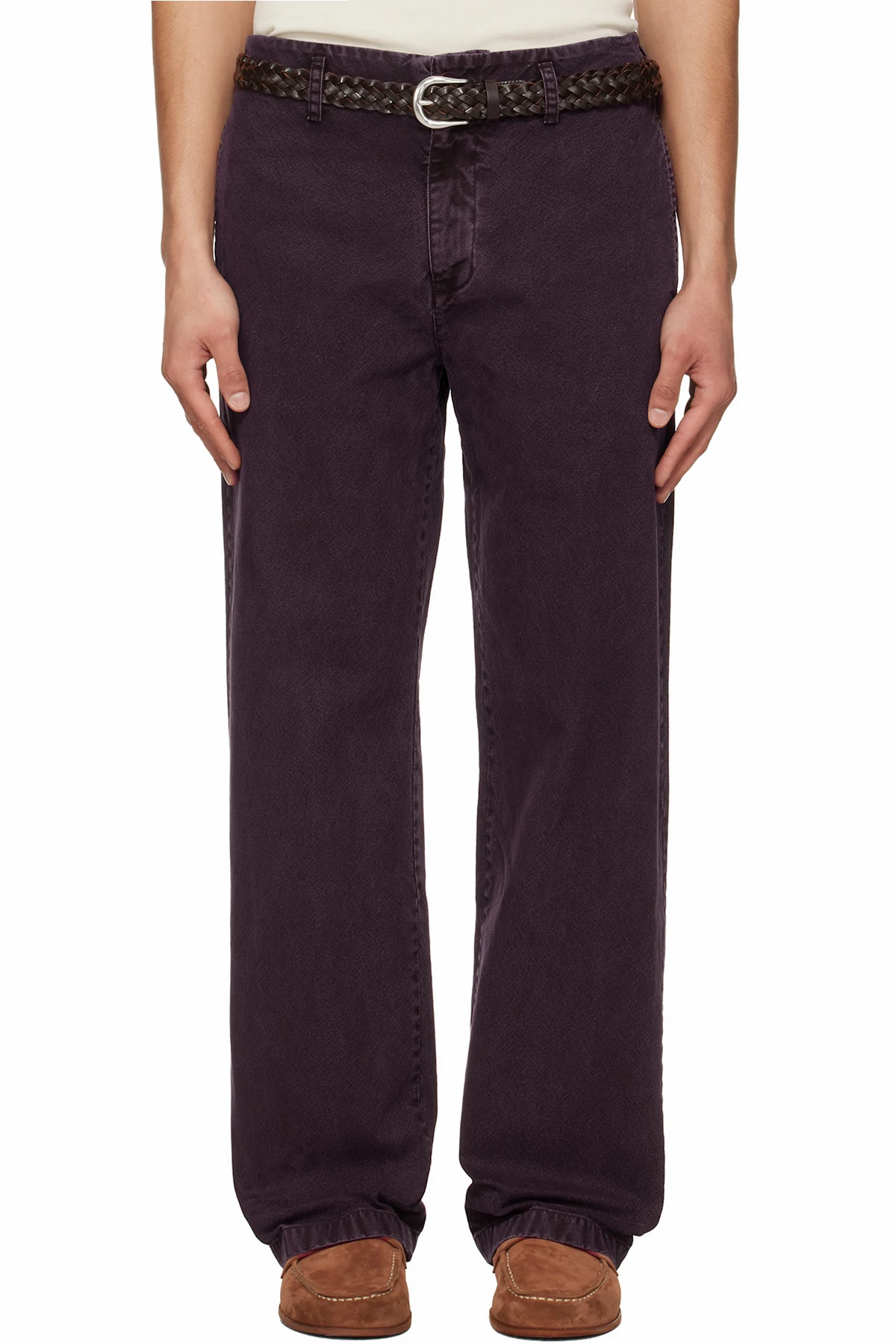 Burgundy Garment Dyed Cotton Straight Trousers