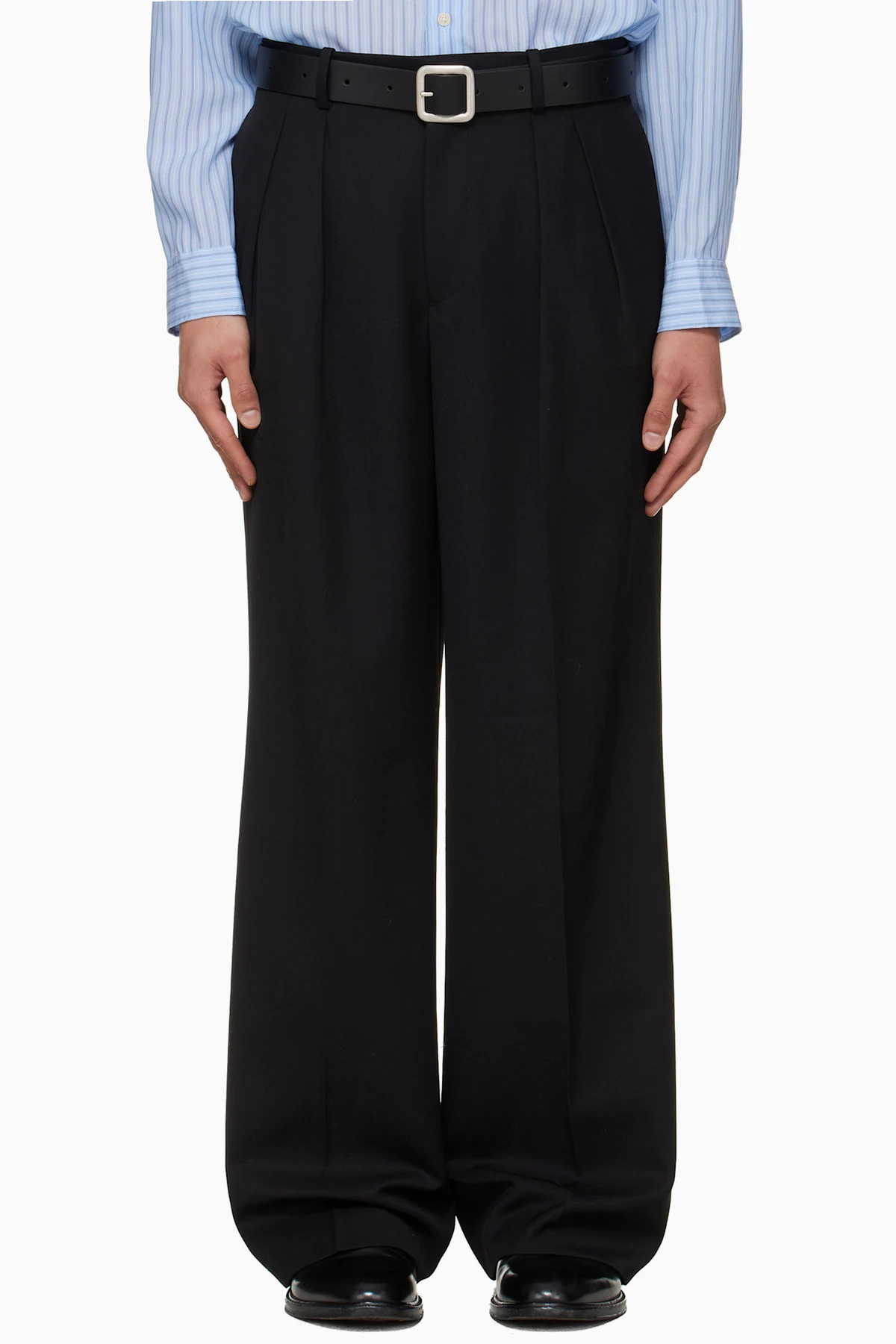 Black Wool Double-Pleated Wide Trousers