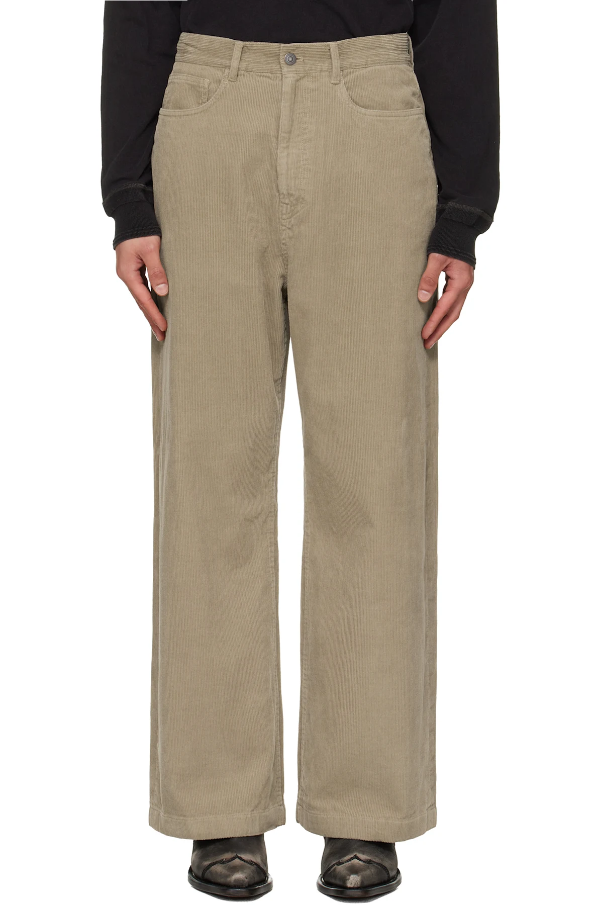 Beige Washed Corduroy Wide-Leg Trousers