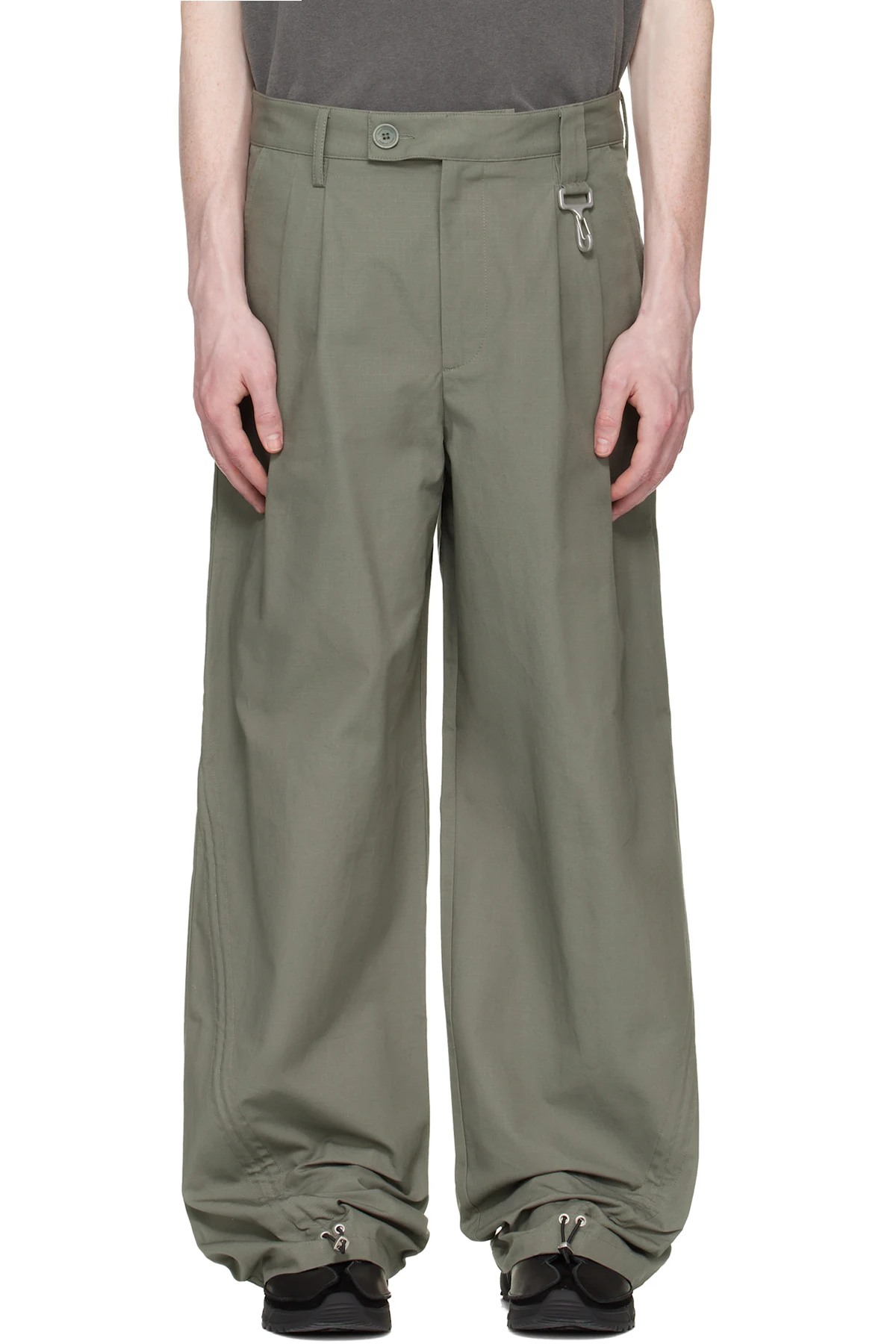 Khaki Cotton Ripstop Pleated Trousers