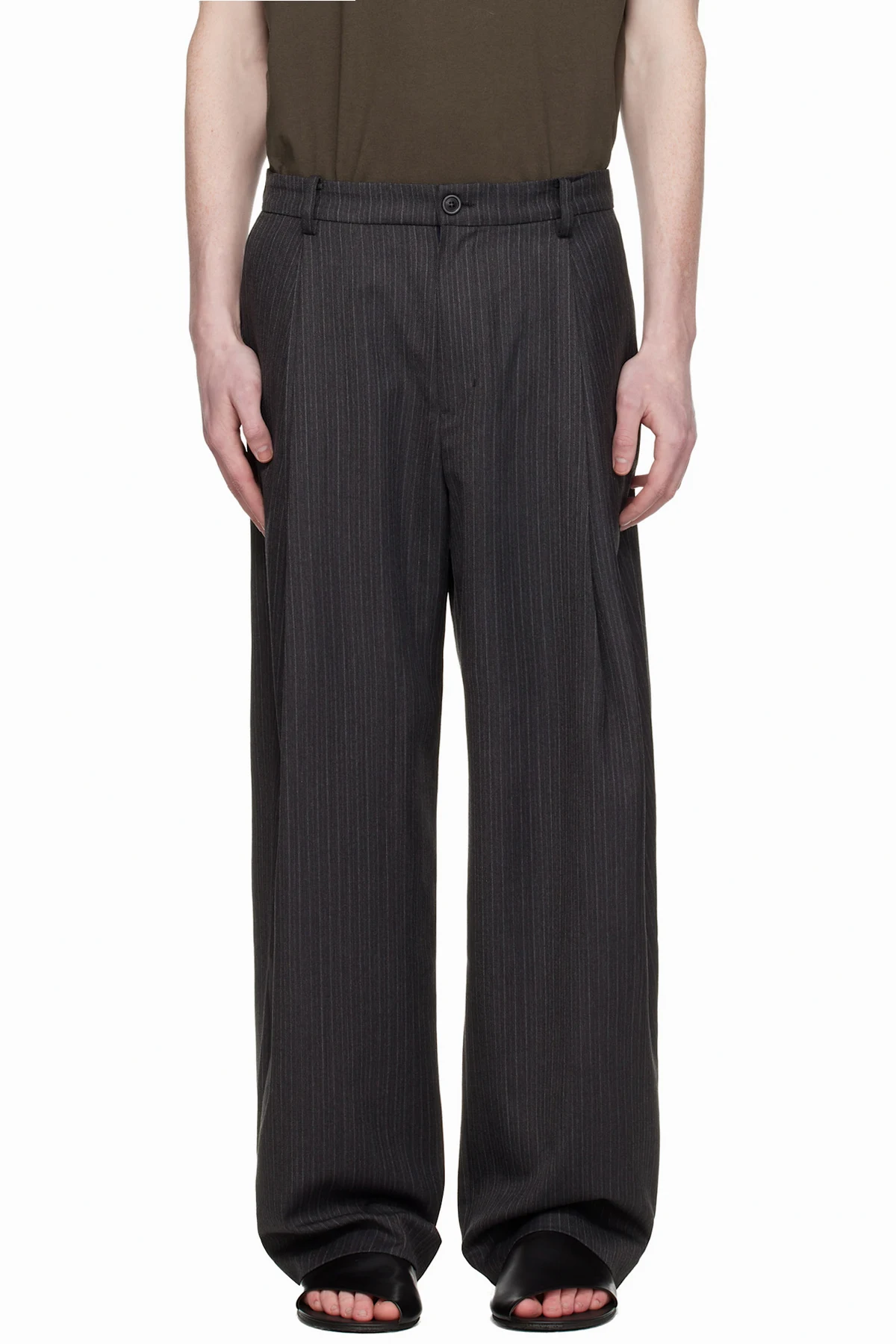 Gray Stripe Wool Blend Pleated Trousers