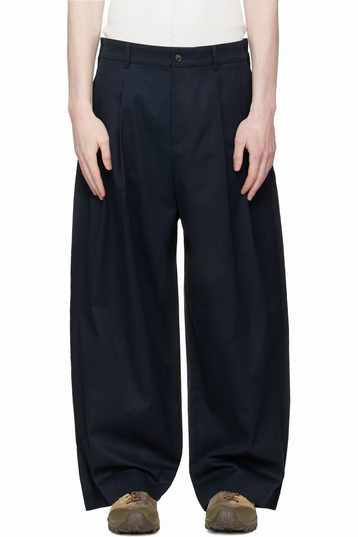 Navy Raw Edge Two Tuck Trousers