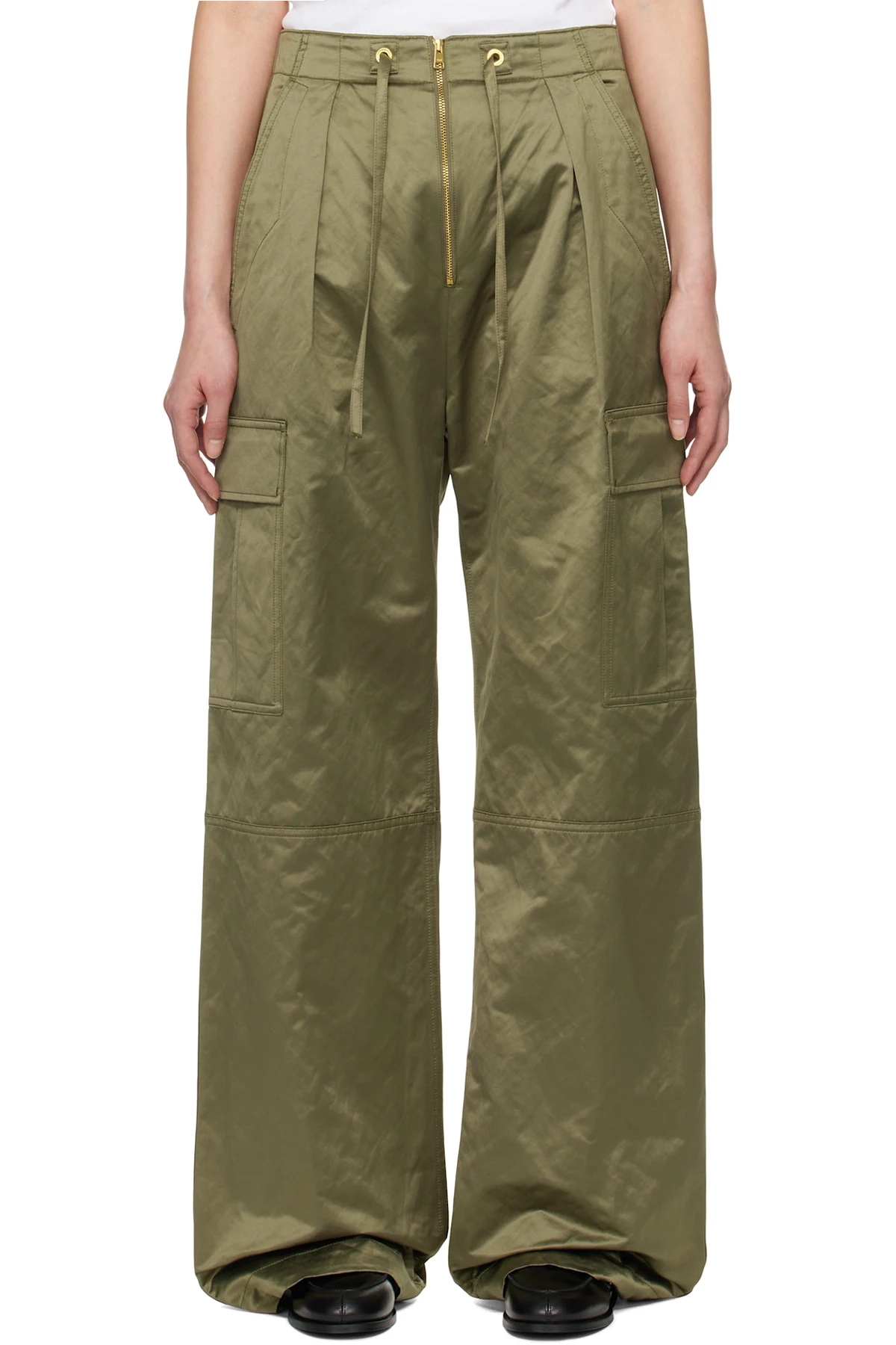 Khaki Cotton Satin Zipped Cargo Trousers