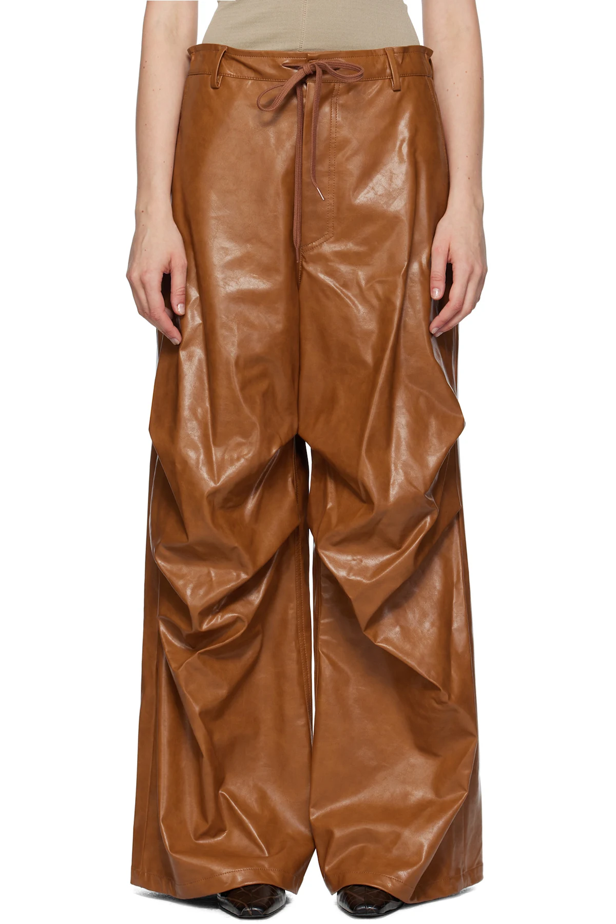 Brown Draped Faux-Leather Trousers