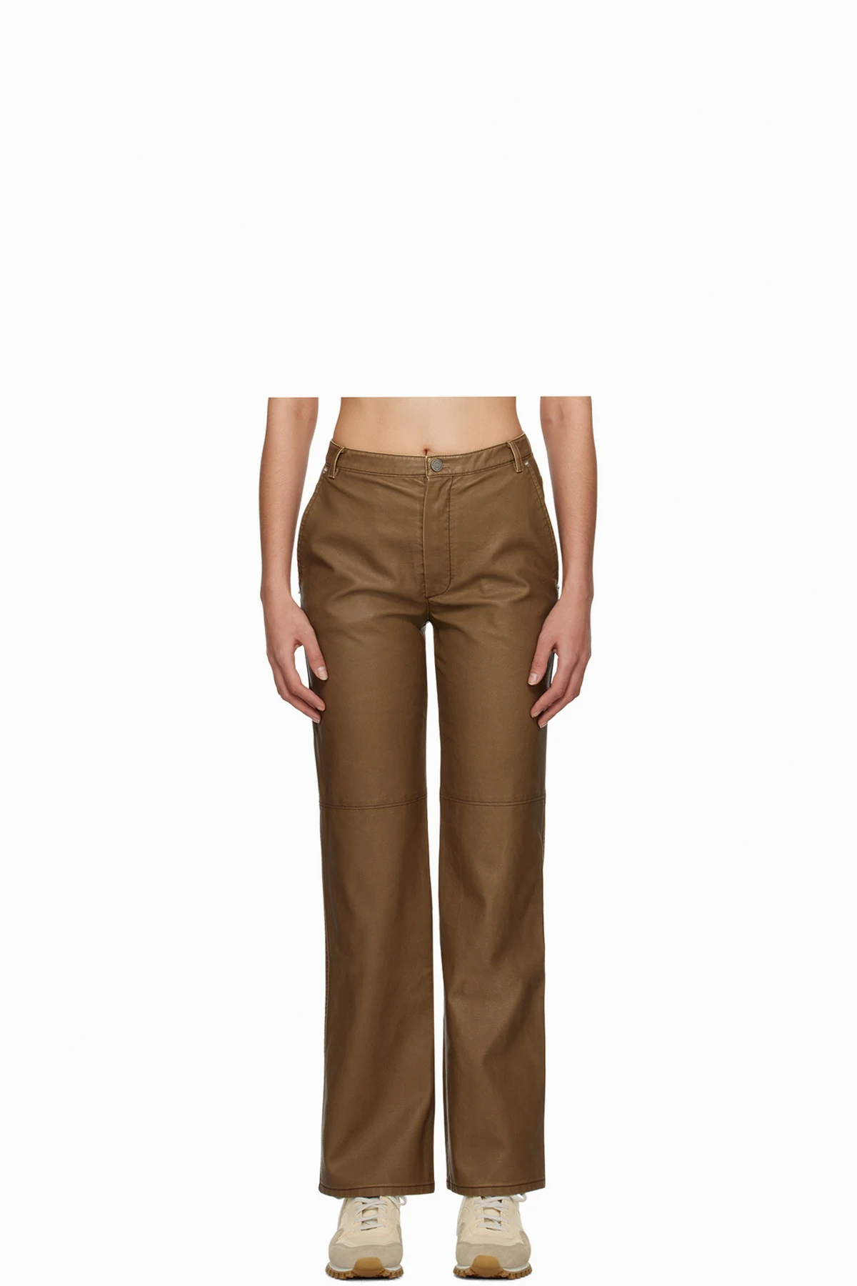 Brown Straight-Leg Faux-Leather Trousers