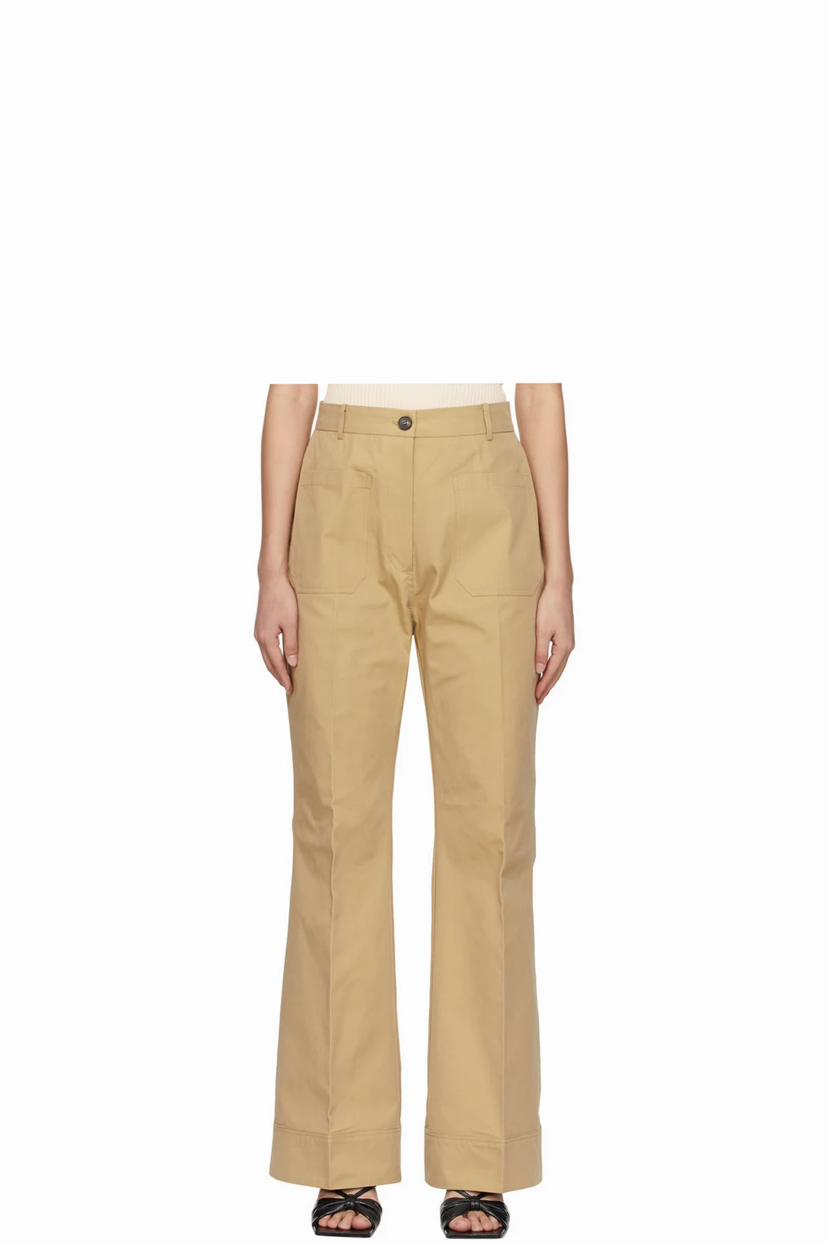 Beige Cotton Patch Pocket Flared Trousers
