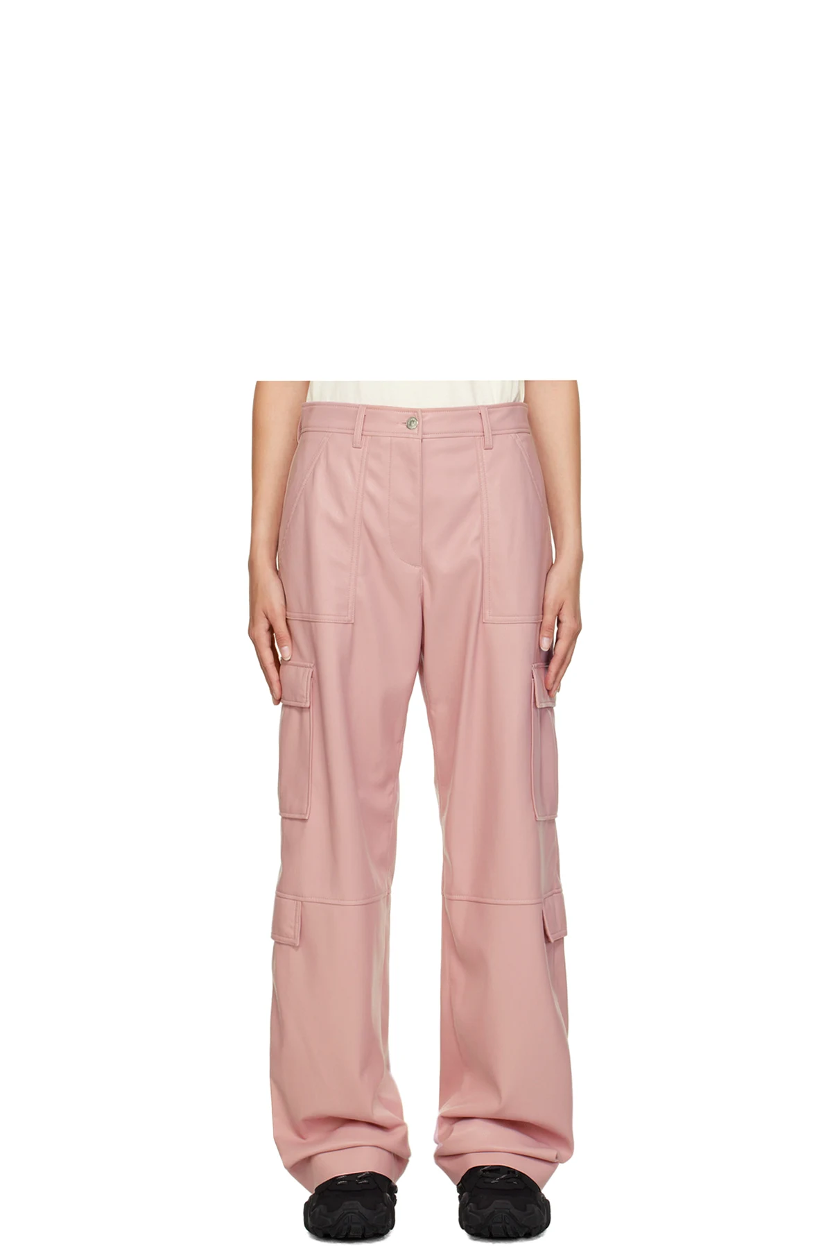 Pink Cargo Pockets Faux-Leather Trousers