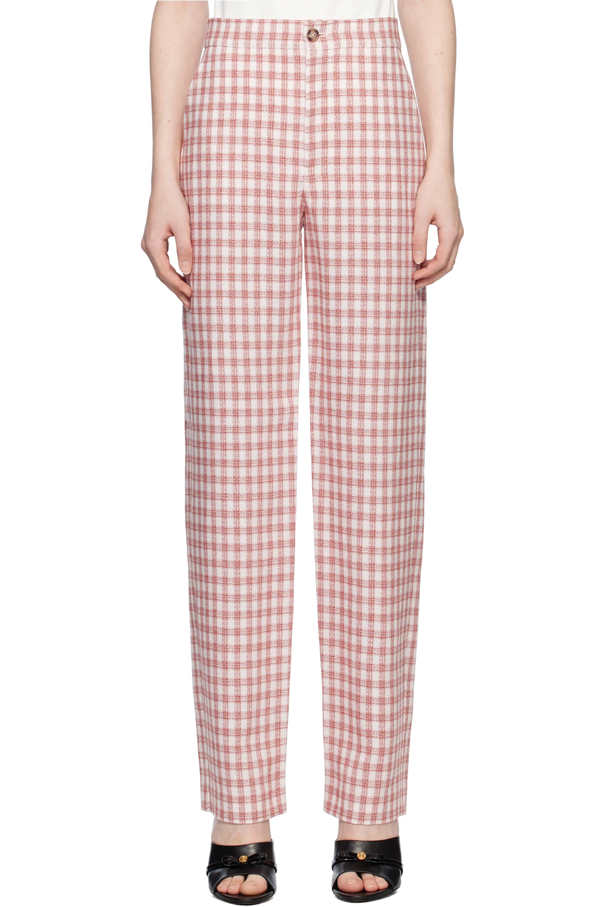 Red Viscose-Linen Check Trousers