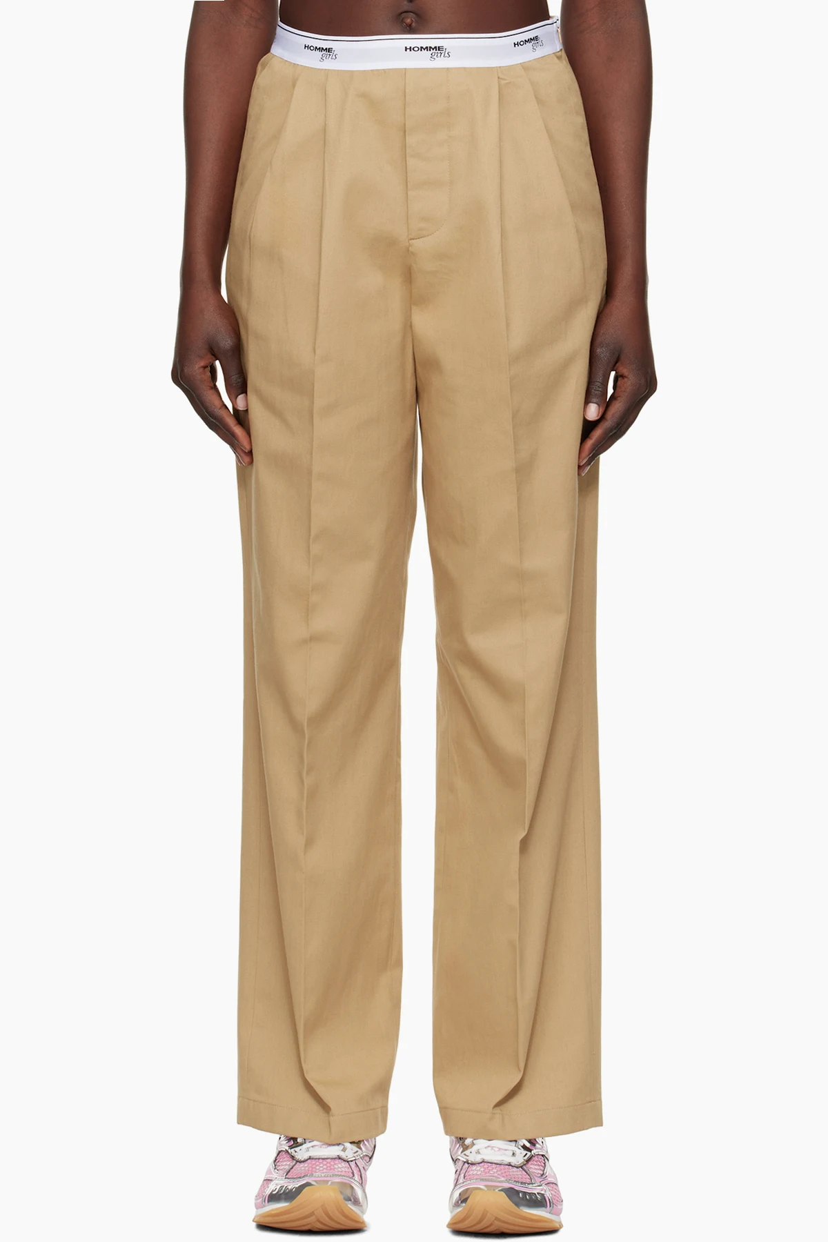 Beige Pleated Elastic Waistband Trousers