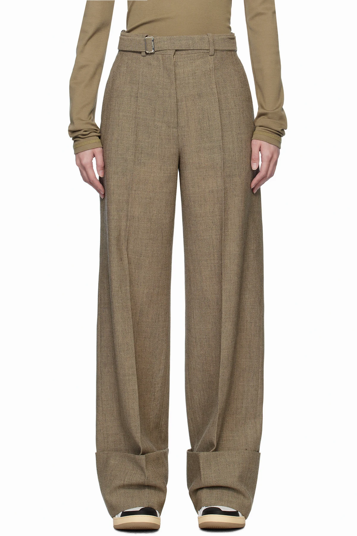 Gray Wide-Leg Cuffed Wool Trousers