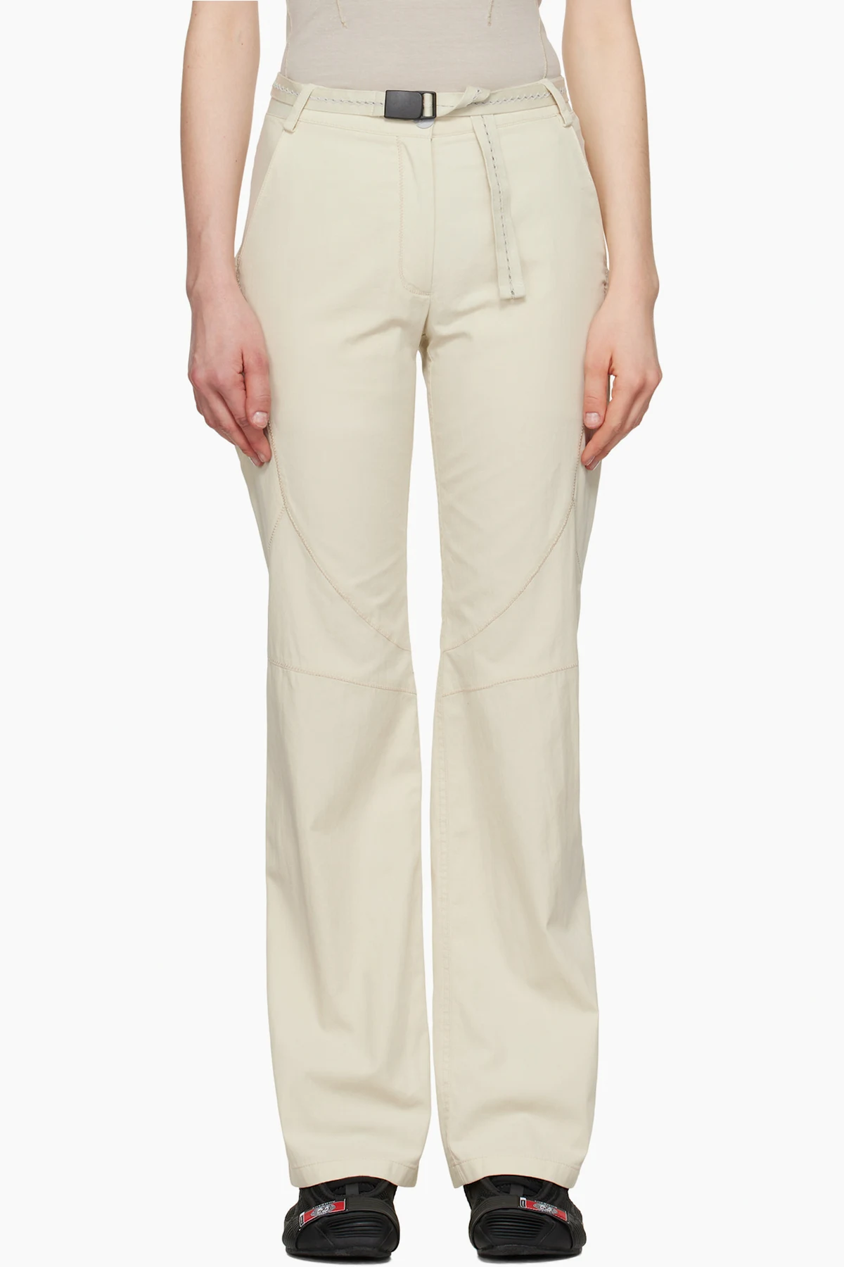 Beige Low-Rise Belted Trousers