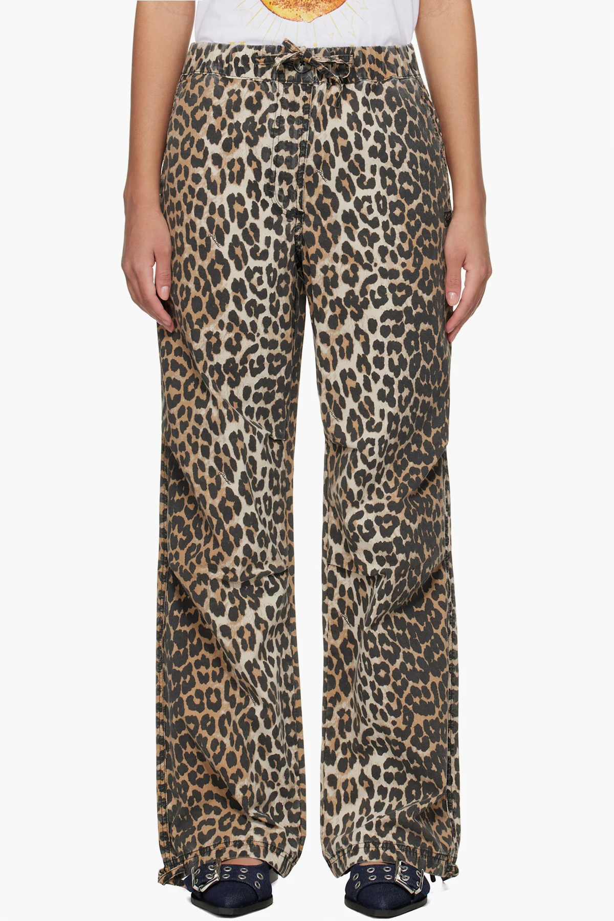 Brown Leopard Washed Cotton Canvas Drawstring Trousers