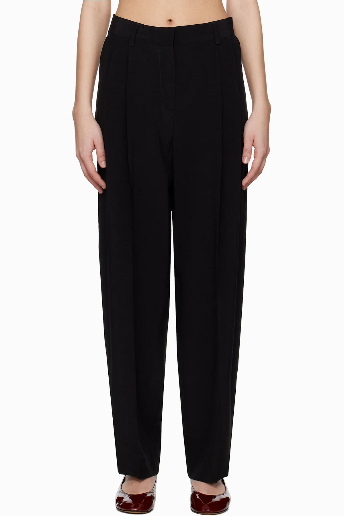 Black Double-Pleat Straight Trousers