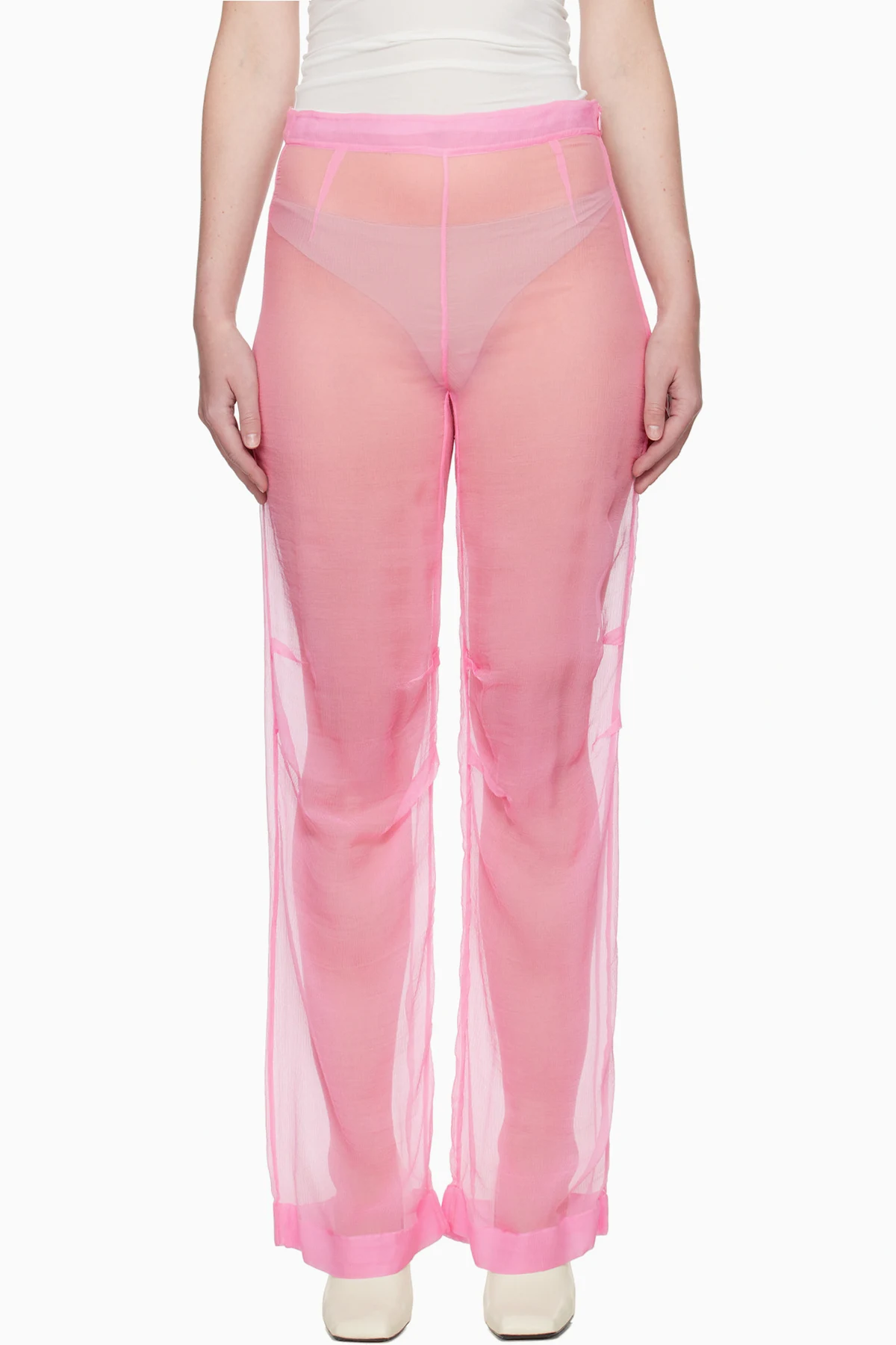 Pink Mousseline Silk Chiffon Knee Trousers