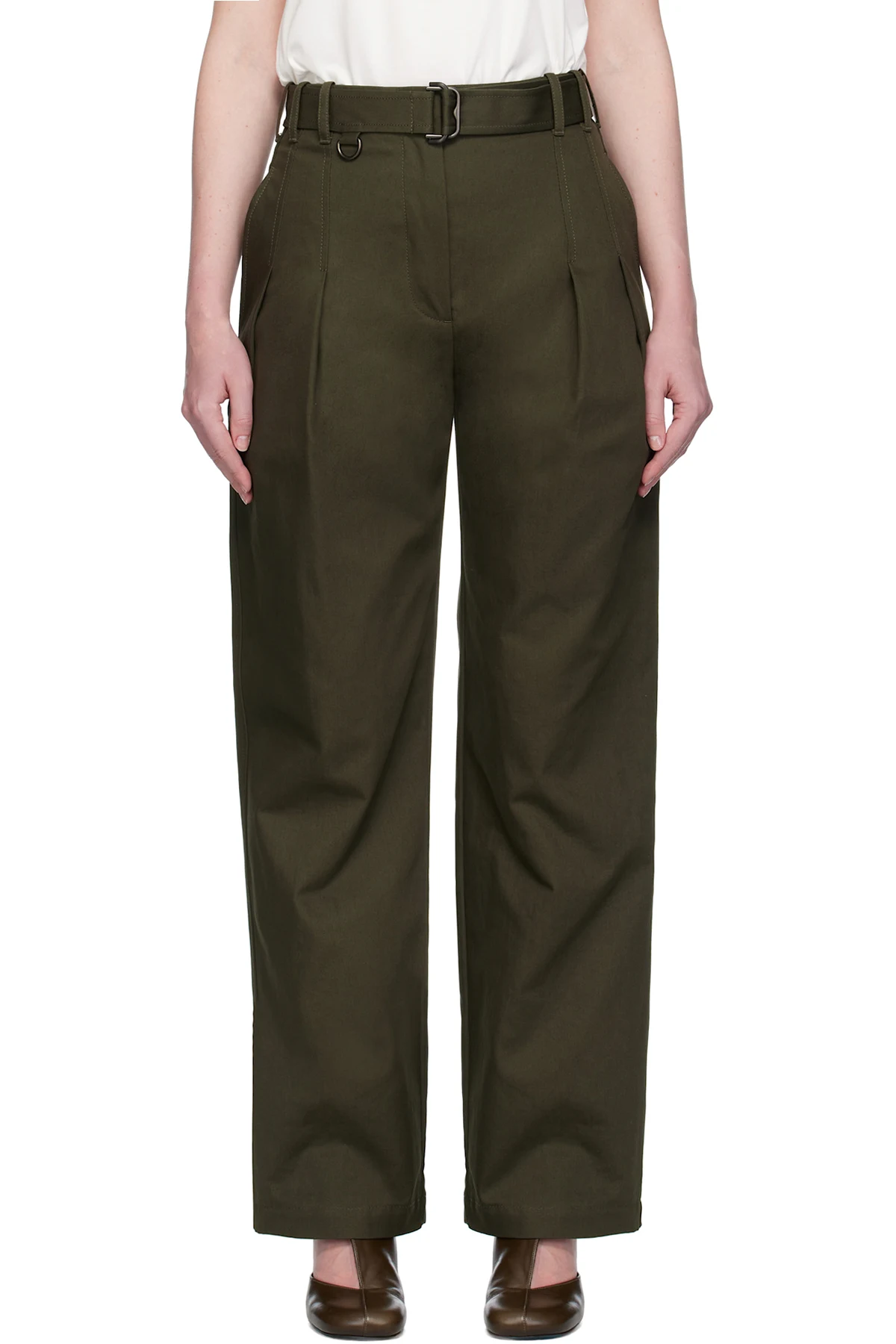Green Gabardine Belted Trousers