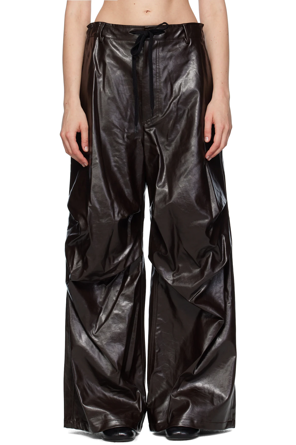 Burgundy Draped Faux-Leather Trousers