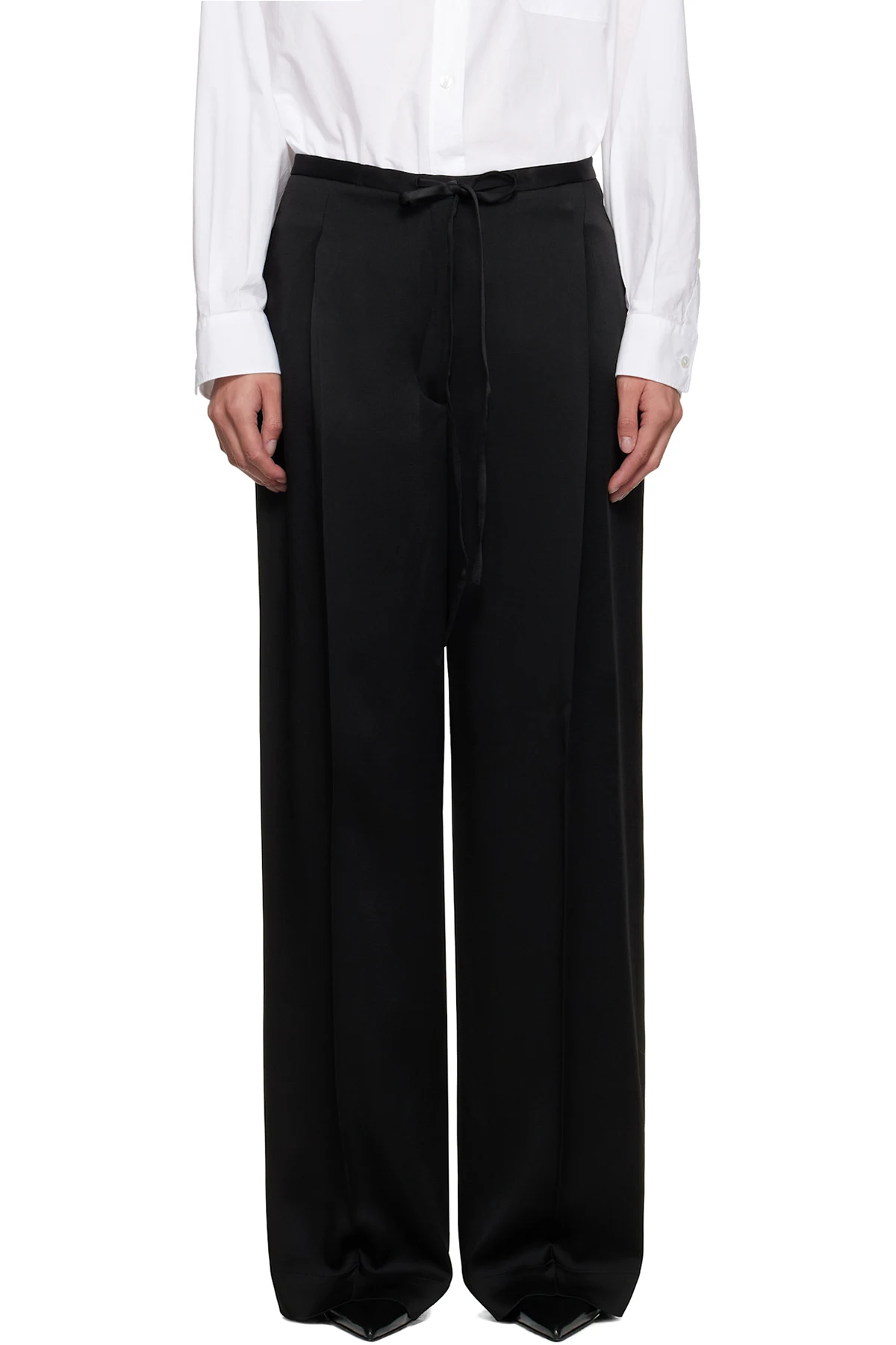 Black Relaxed Drawstring Satin Trousers