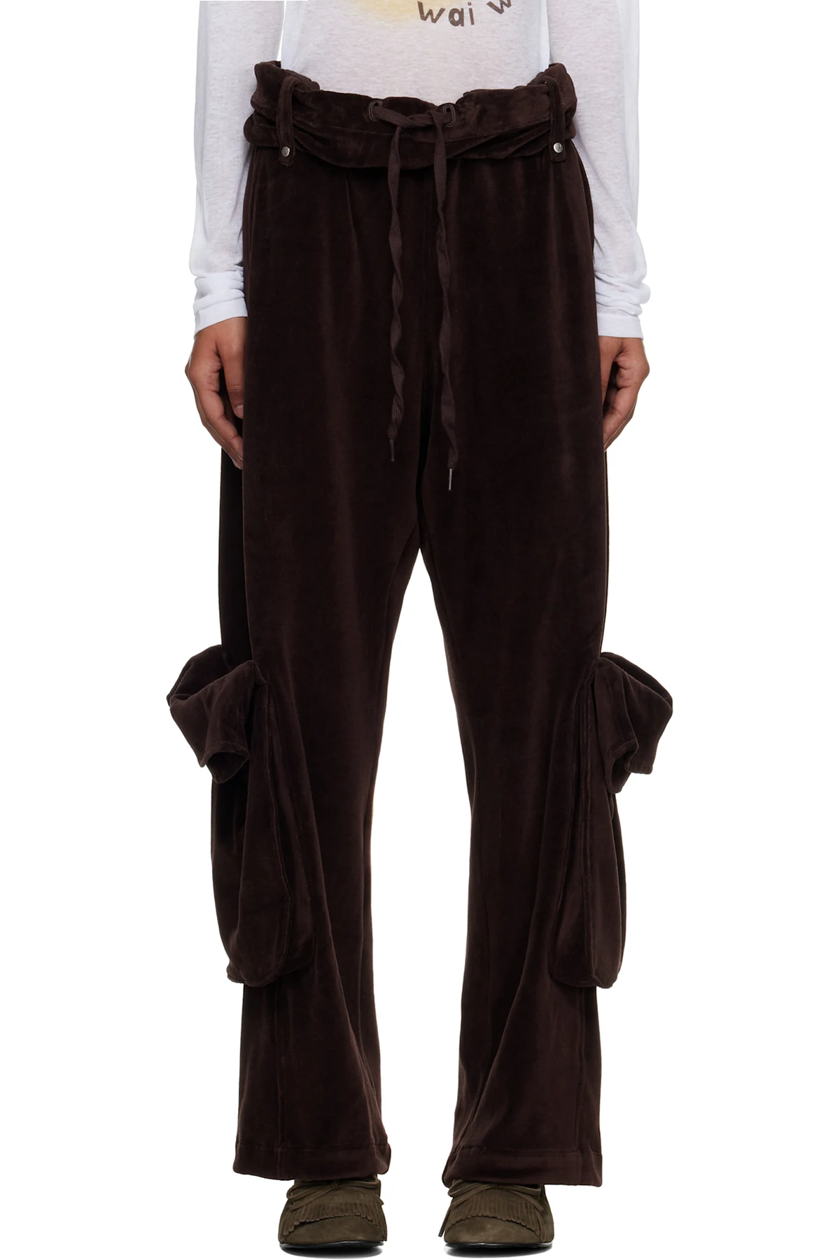 Brown Rolled Waist Velour Cargo Pants