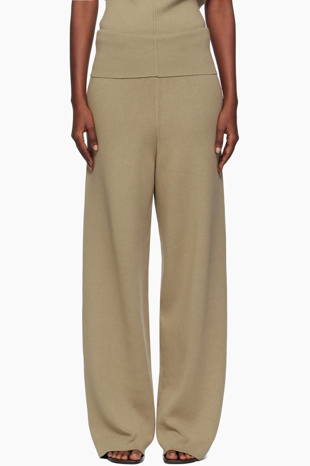 Beige Fold Over Seam Trousers