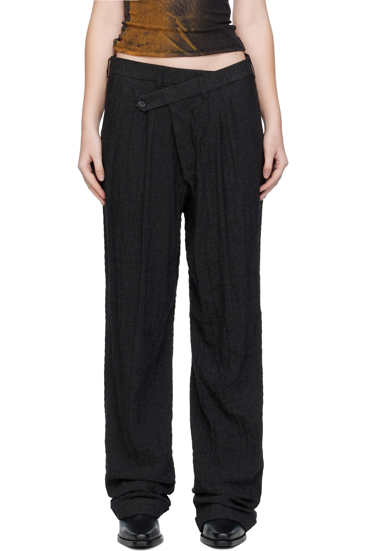 Black Triple Pleat Crossover Trousers