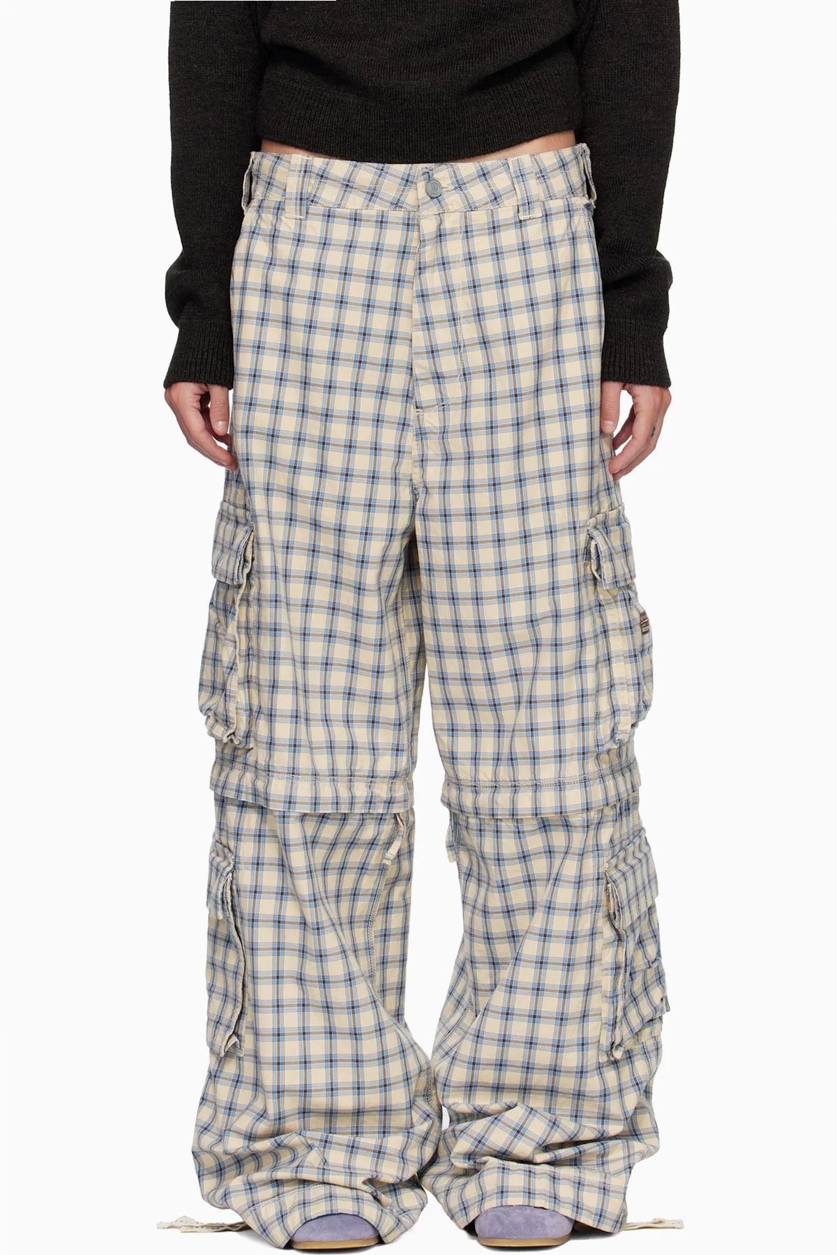 Beige & Blue Zip-Off Plaid Cargo Pants