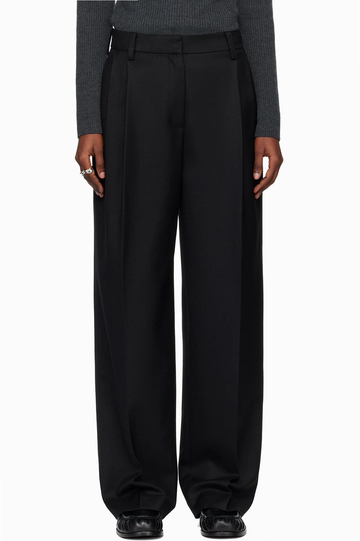 Black Pleated Wool Tailored Trousers