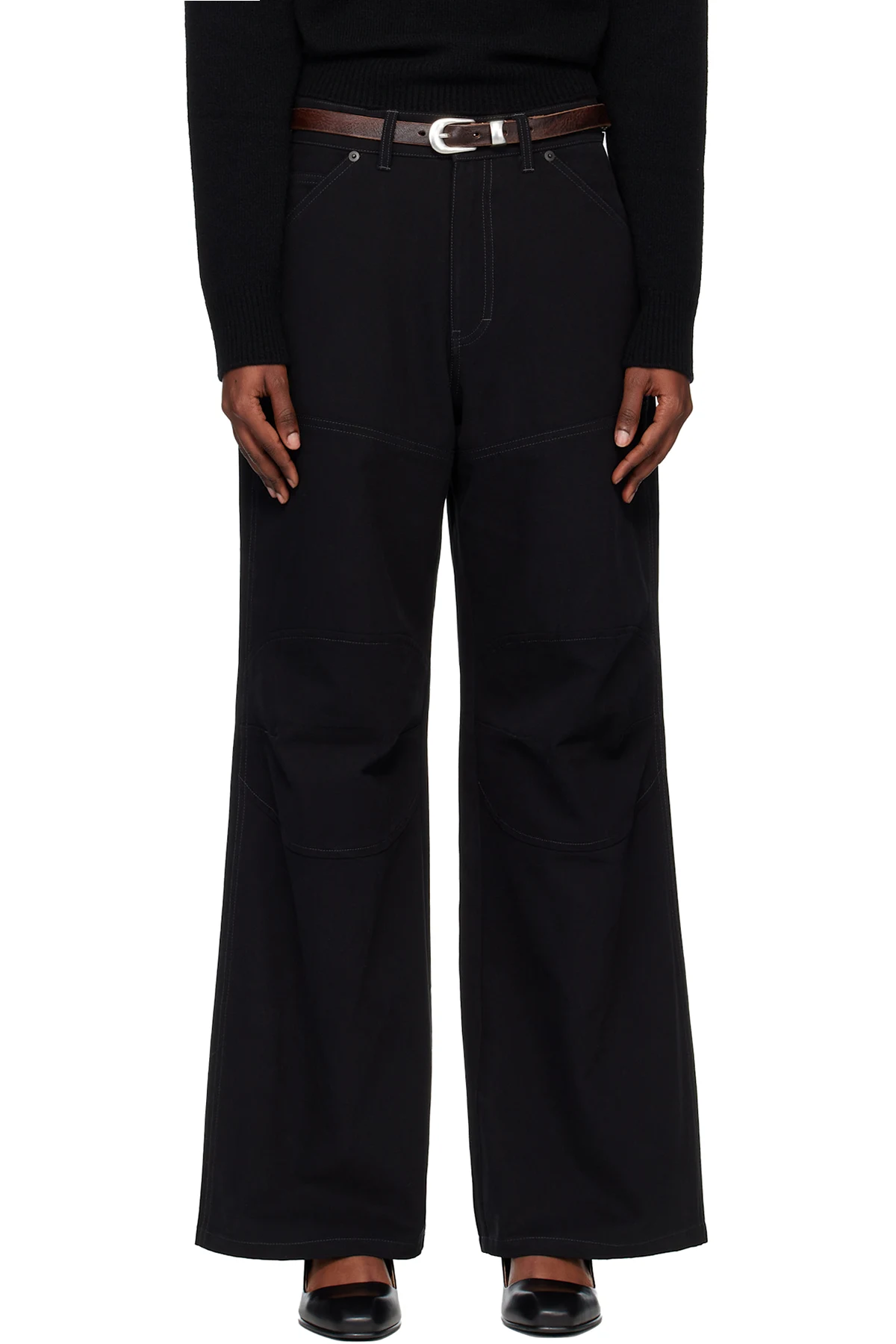 Black Wide-Leg Cotton Work Trousers