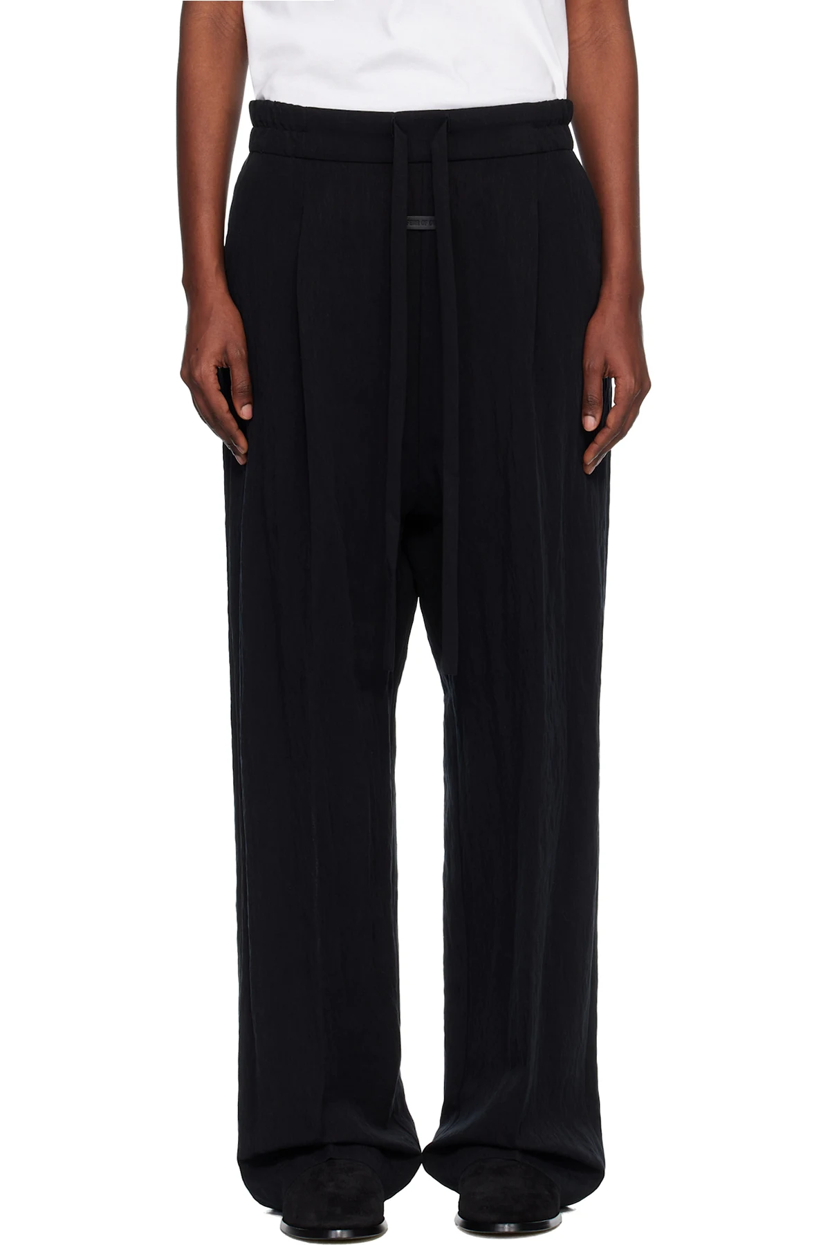 Black Tencel Nylon Drawstring Straight Trousers