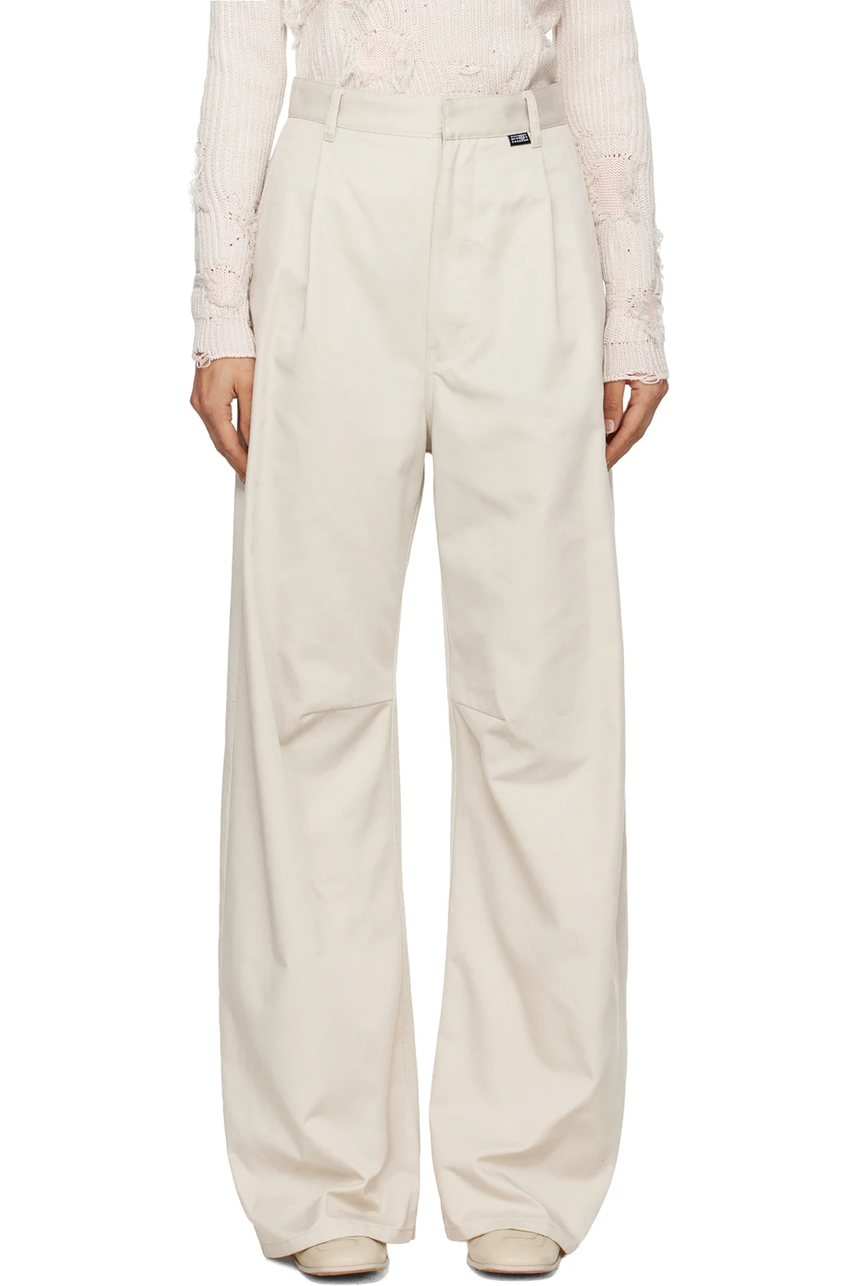 Beige Wide Leg Twill Trousers