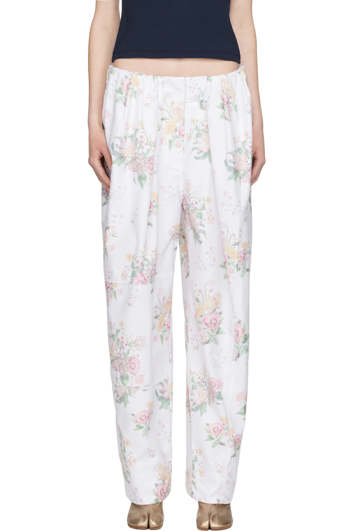 White Full Gather Floral Trousers