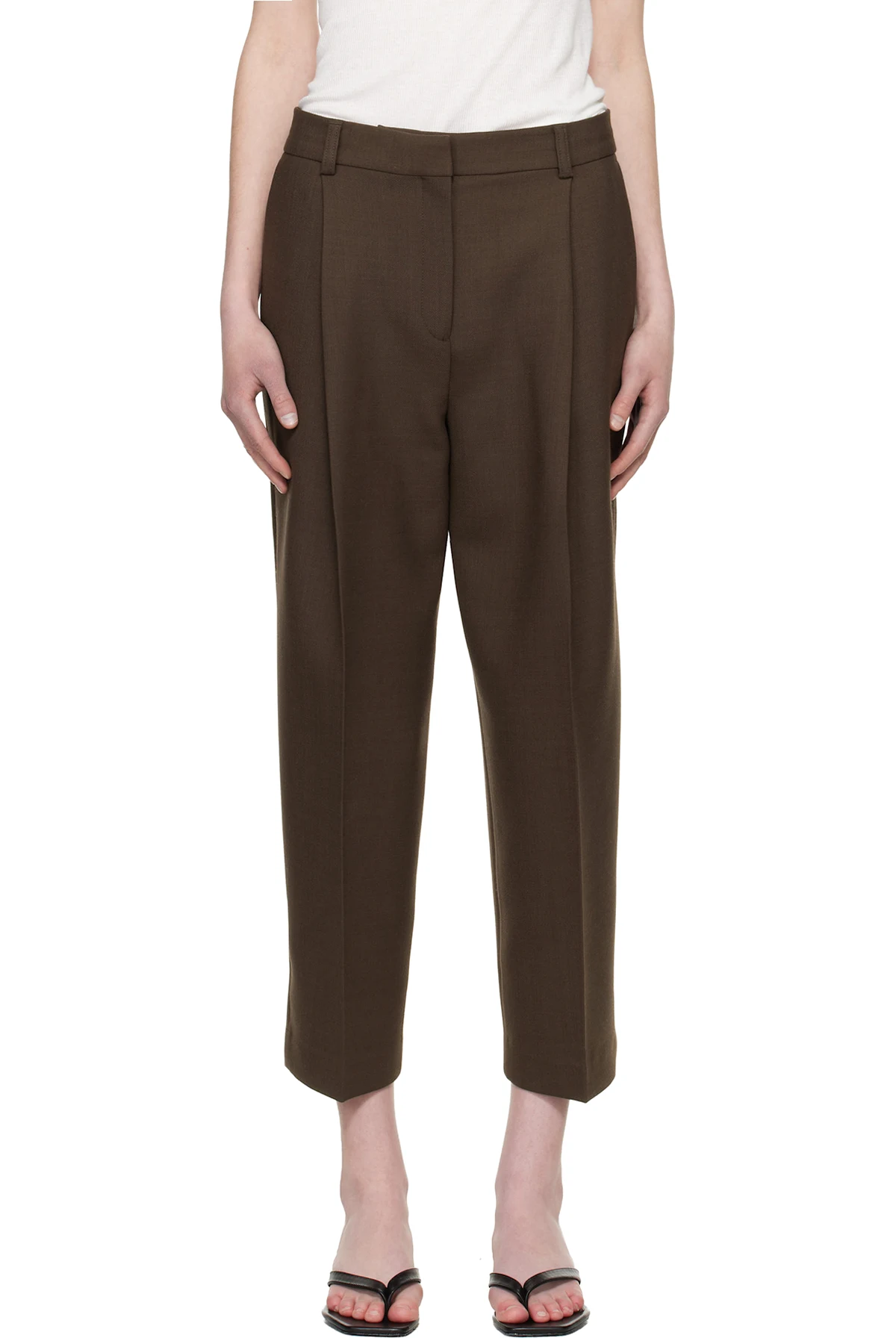 Brown Pleated Straight Trousers