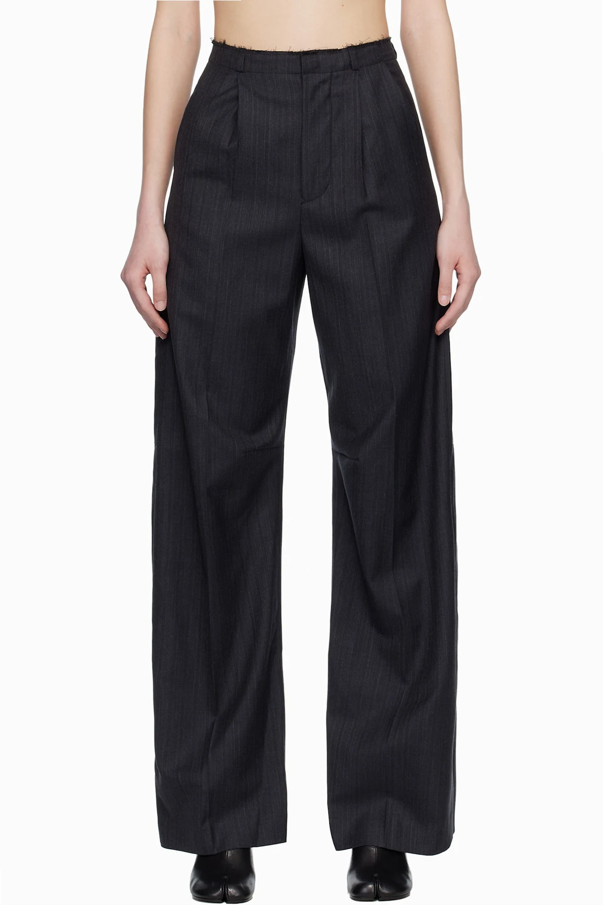Gray Pinstripe Wool Wide-Leg Trousers
