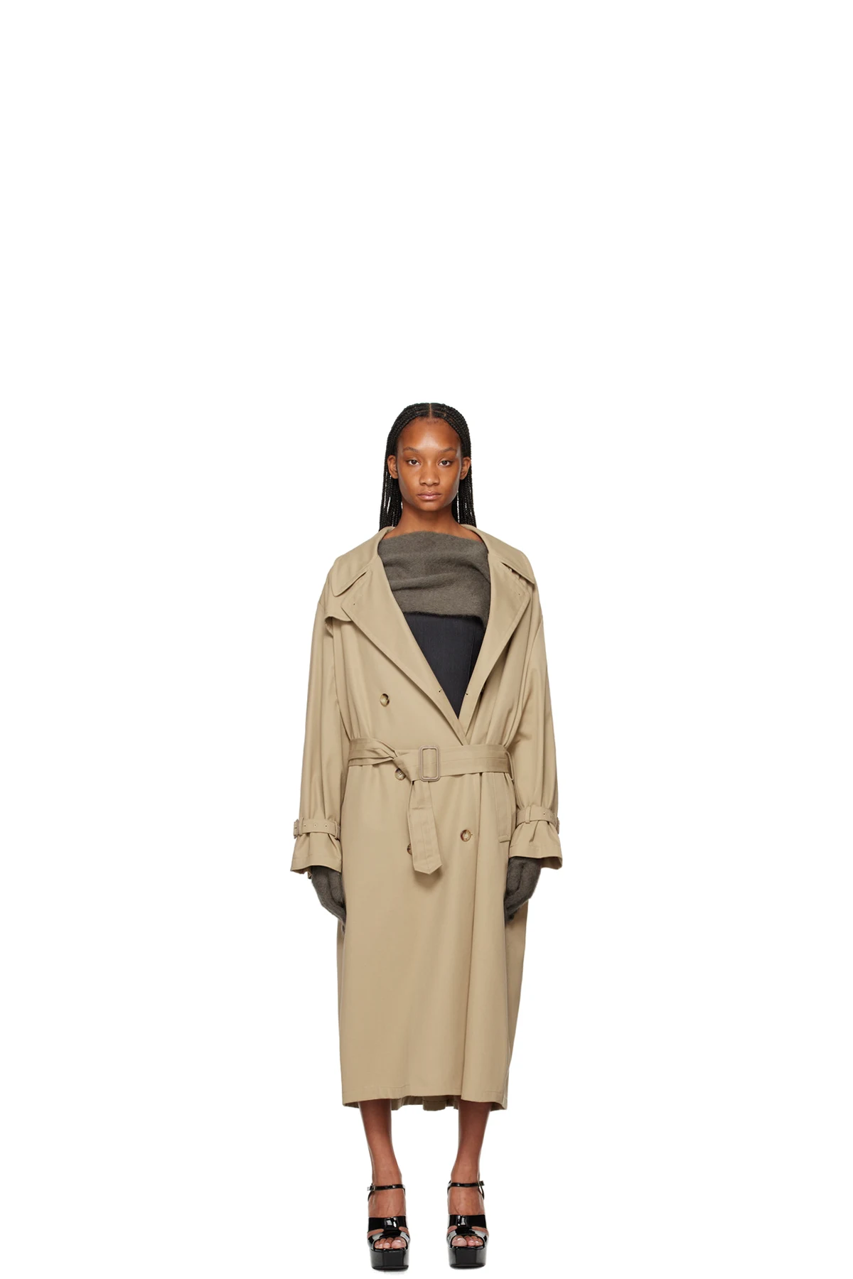 Beige Notched Lapel Trench Coat