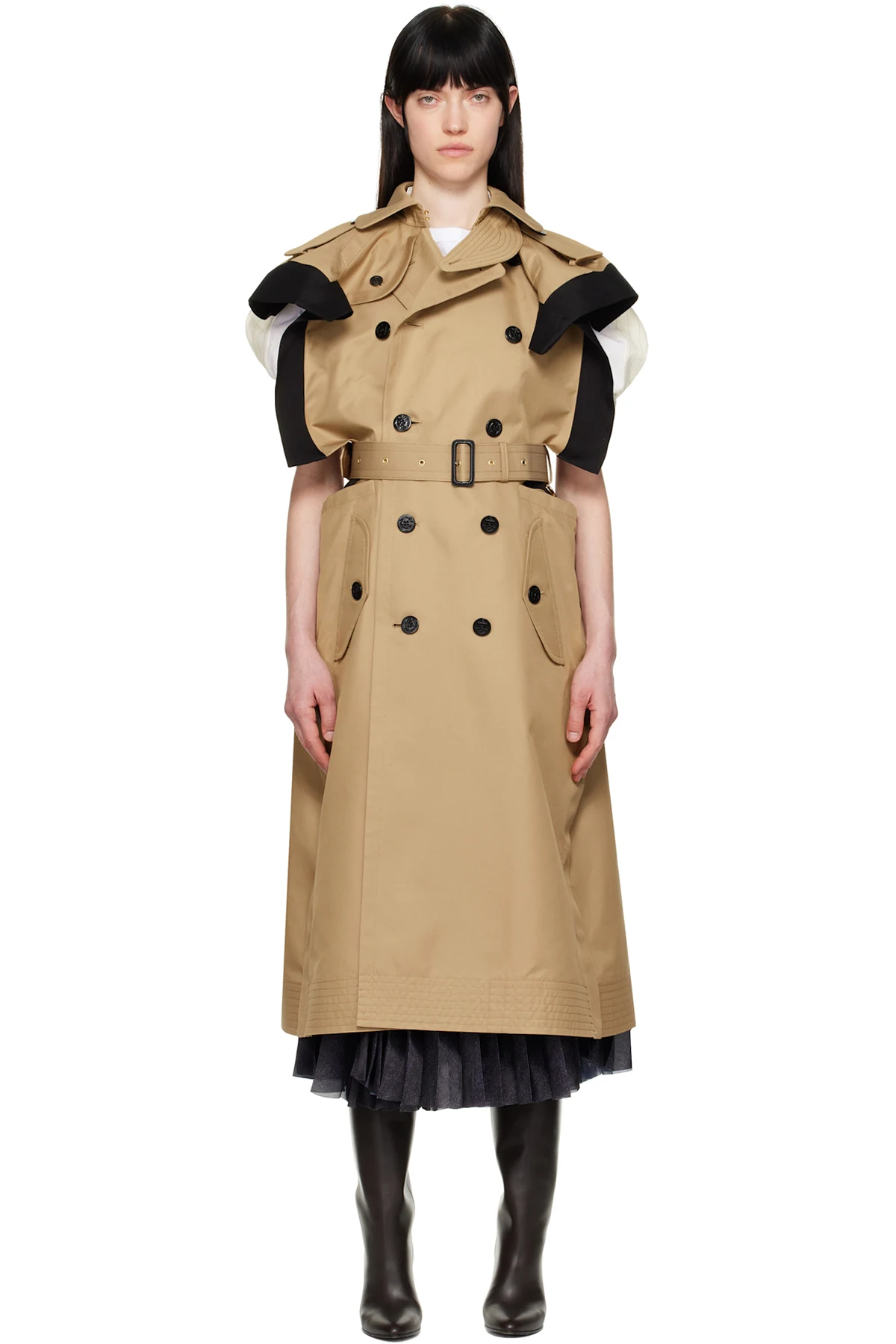Beige & Black Double-Faced Silk Cotton & Gabardine Trench Coat