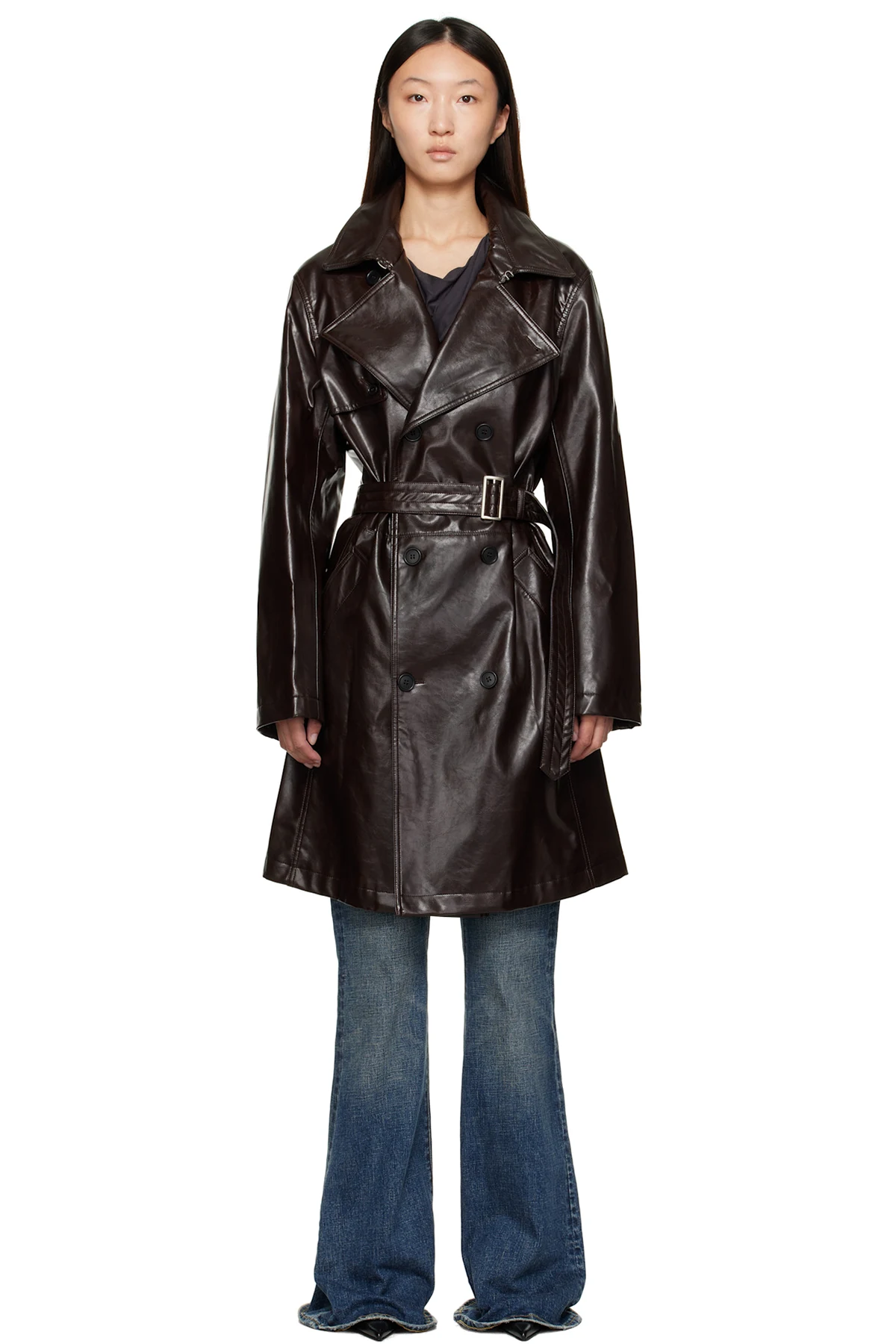 Burgundy Rain Faux-Leather Trench Coat