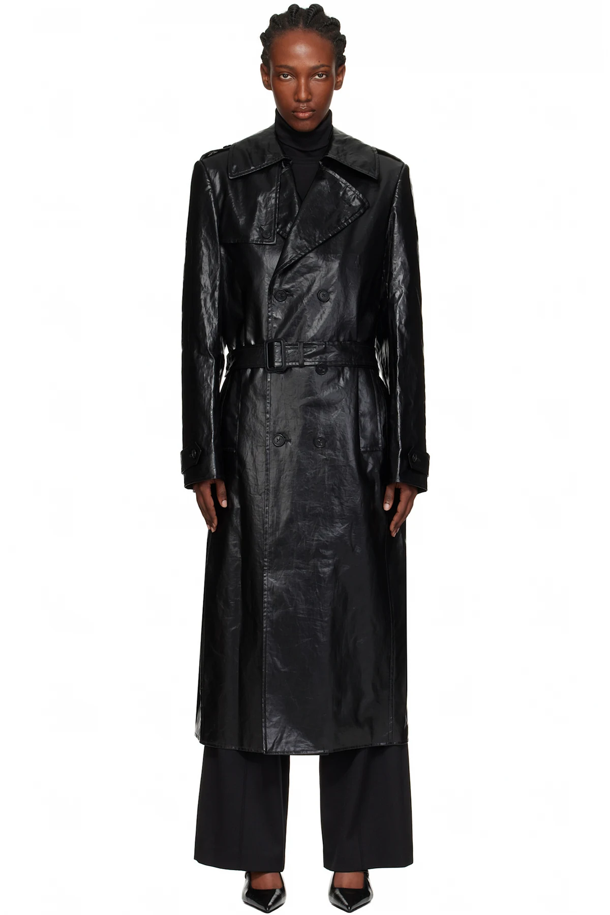 Black Shiny Coated Linen Trench Coat