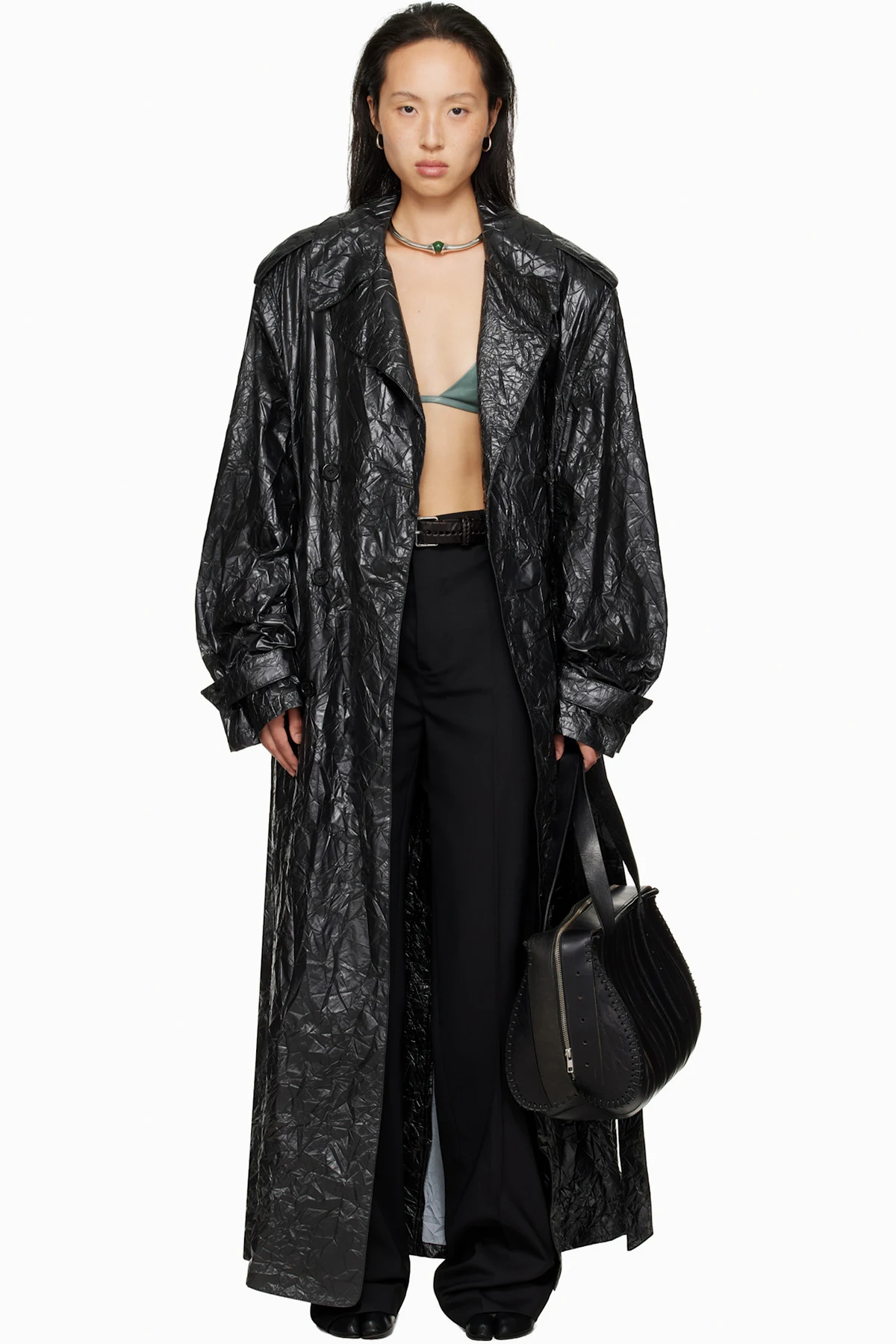 Black Crumple Trench Coat