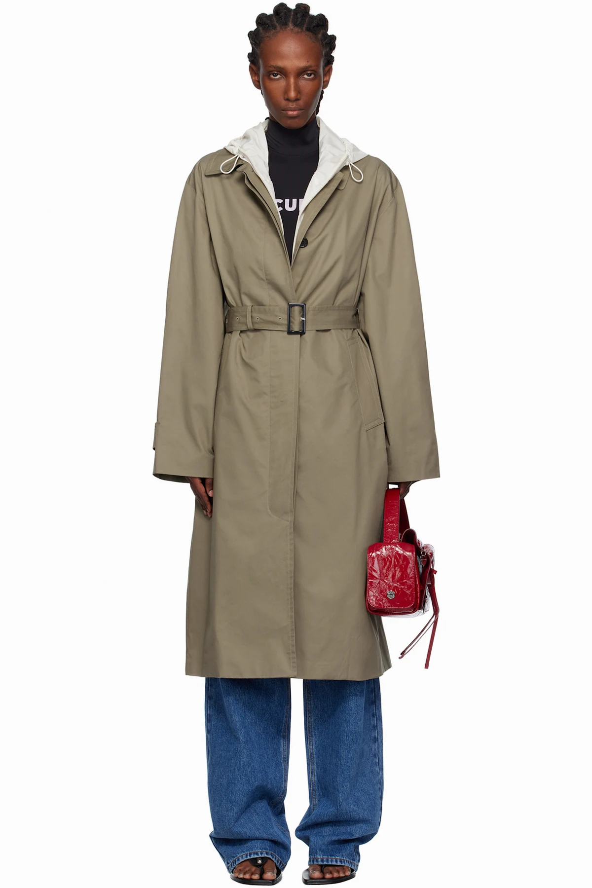 Khaki Hooded Single Trench Coat