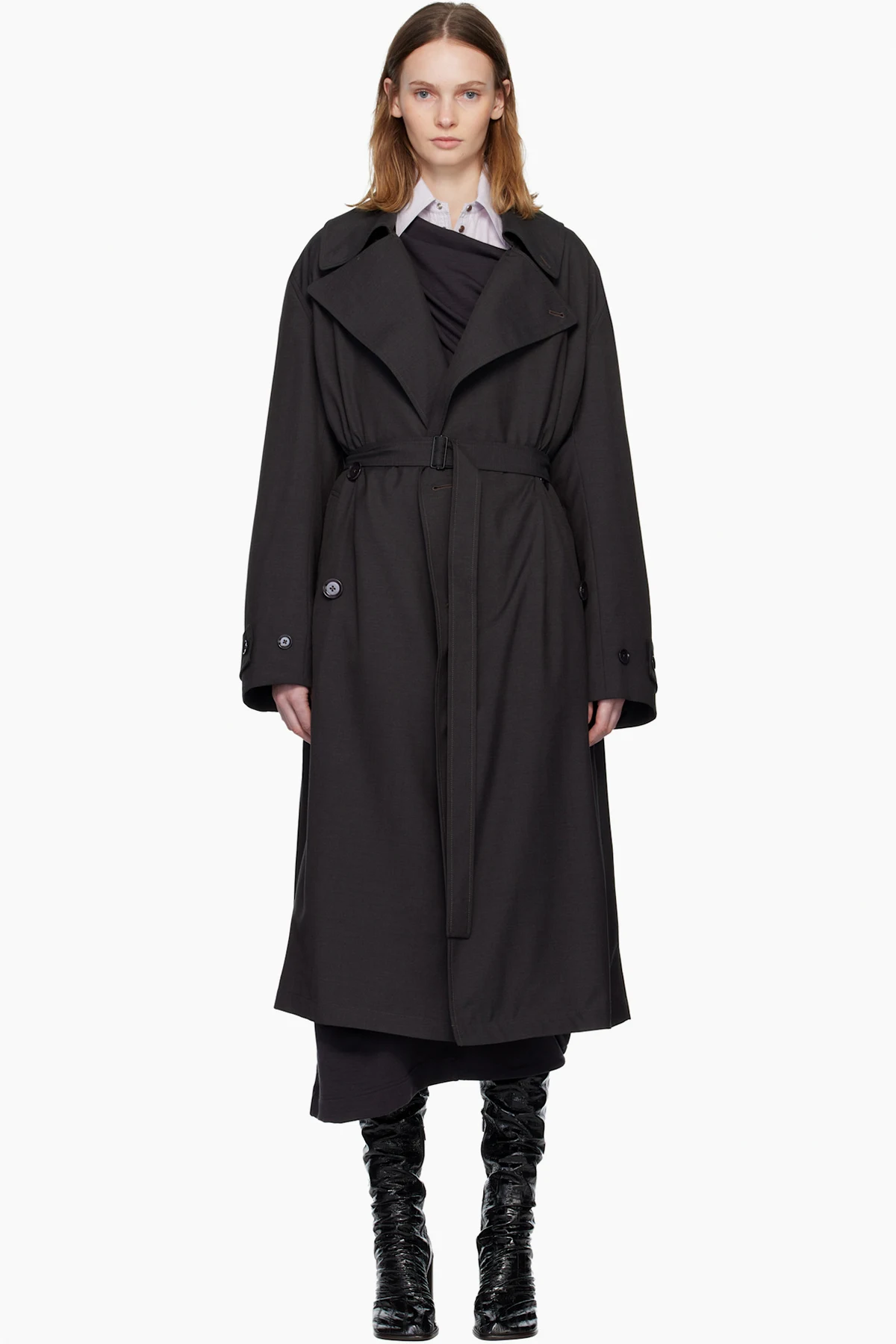 Gray Peaked Lapel Trench Coat