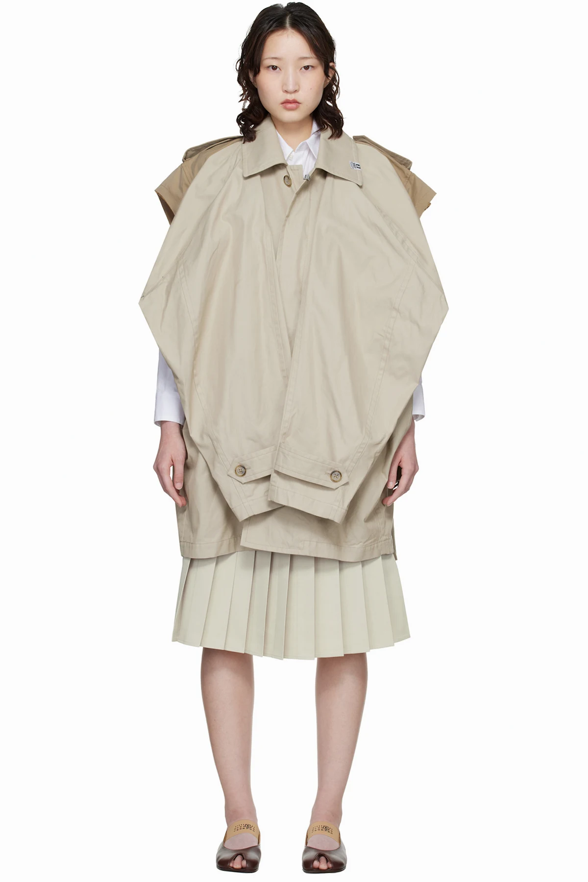 Beige Vest Combined Balmacaan Trench Coat